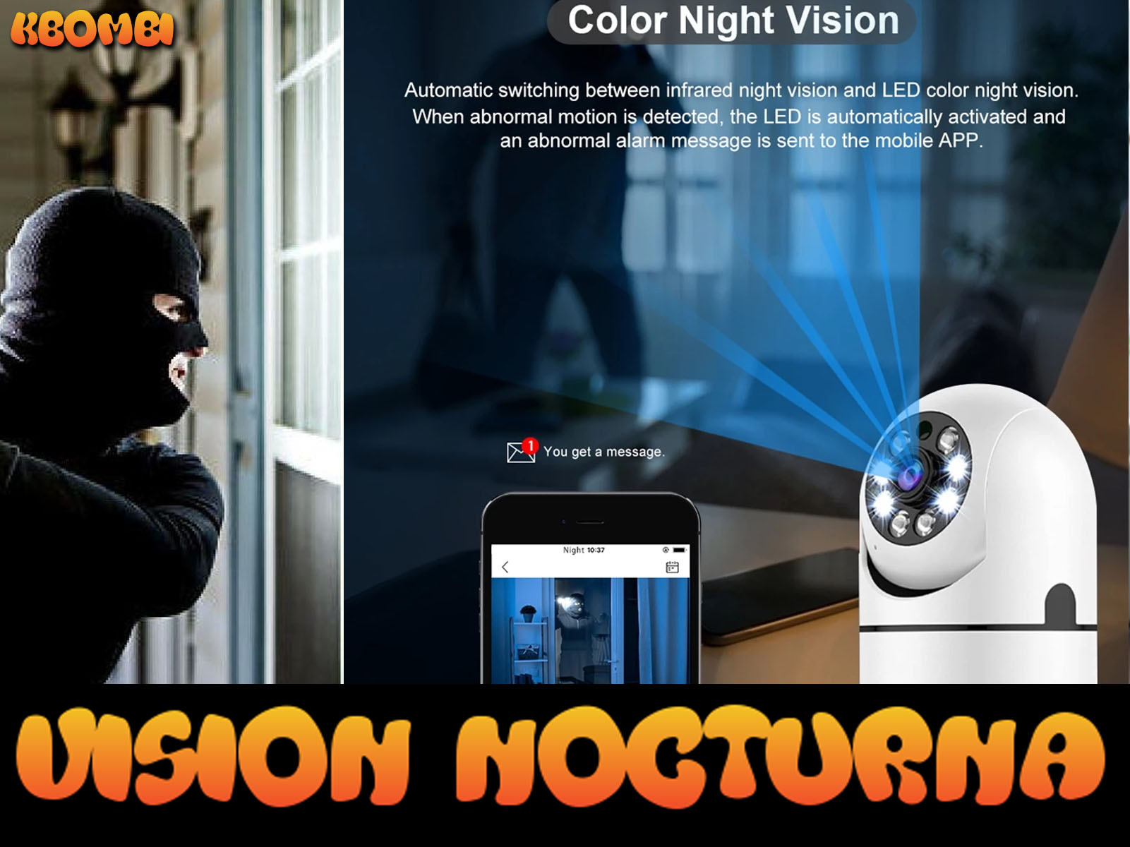 Un sistema de cámara de seguridad con visión nocturna. A la izquierda, una persona enmascarada, un teléfono muestra alerta.