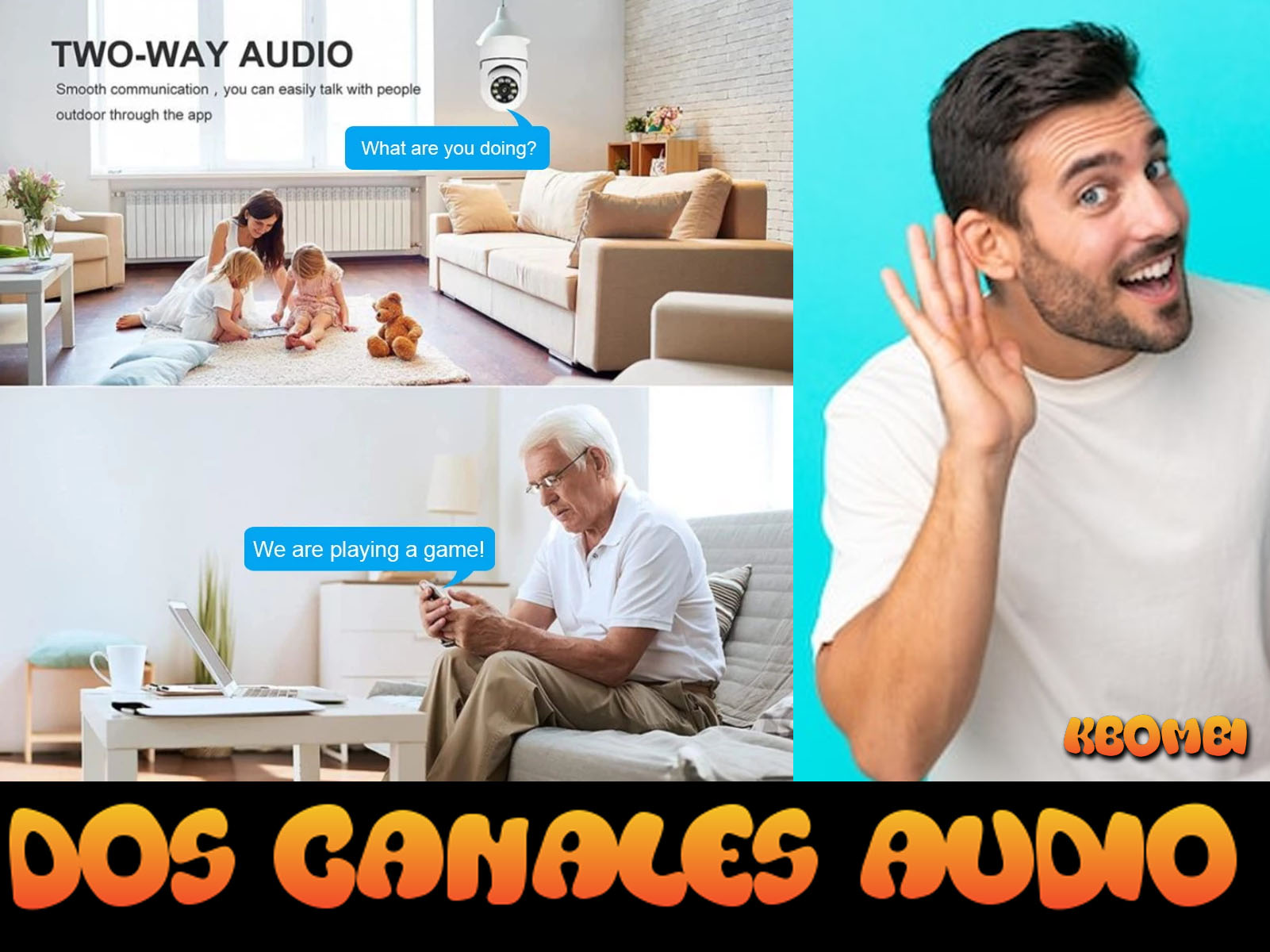 Escena con familia y hombre escuchando. Burbujas de texto.