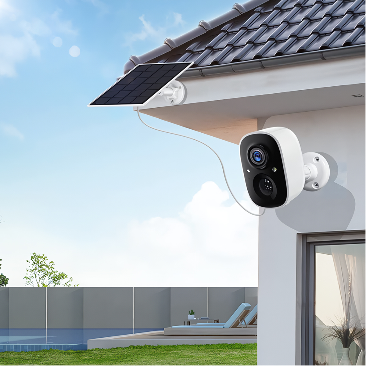 Cámara de seguridad blanca con panel solar en pared de casa, cielo azul.