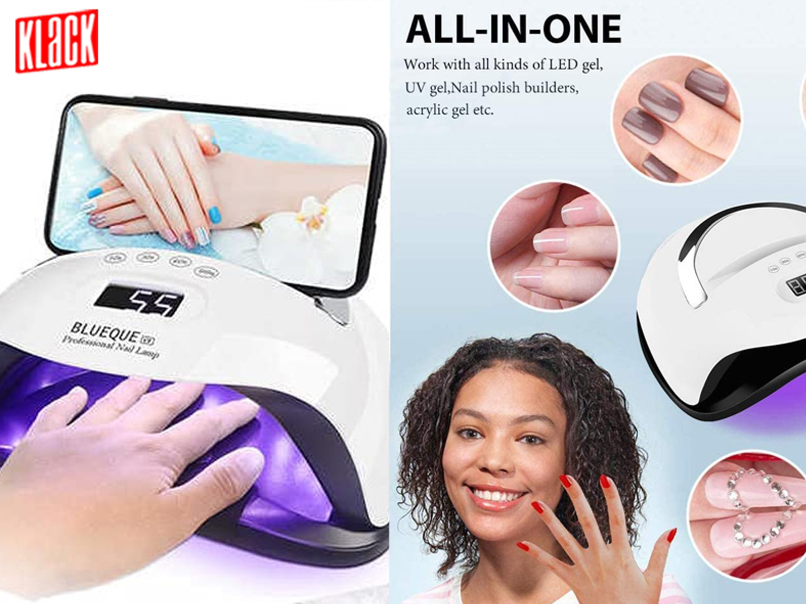 Lámpara de uñas con una mano debajo, más otras uñas y una mujer sonriente.