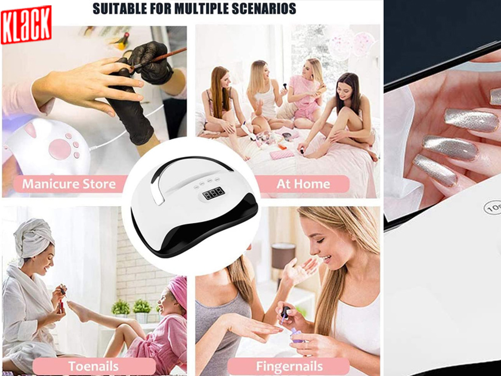 Collage que muestra el uso de la lámpara de uñas en diferentes escenarios: salón de manicura, casa y cuidado de uñas.