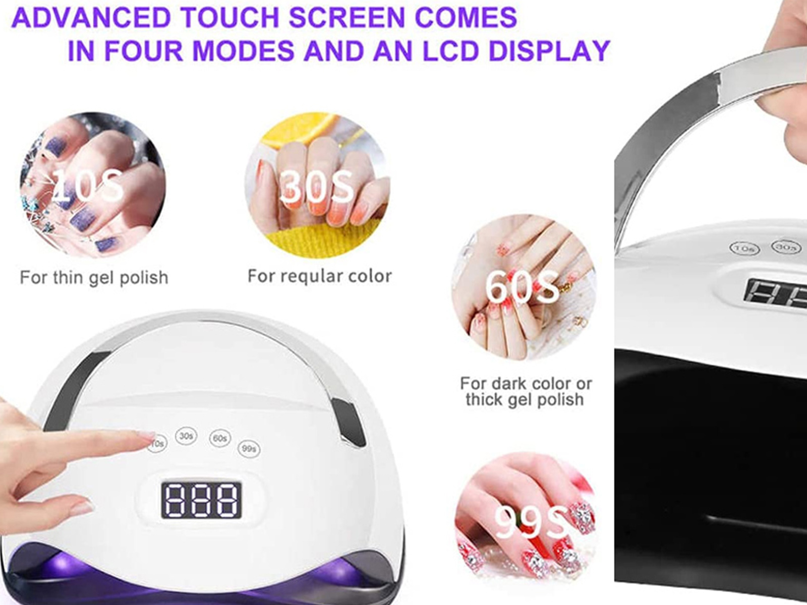 Lámpara de uñas blanca con pantalla táctil, cuatro modos y pantalla LCD, con imágenes de manos.