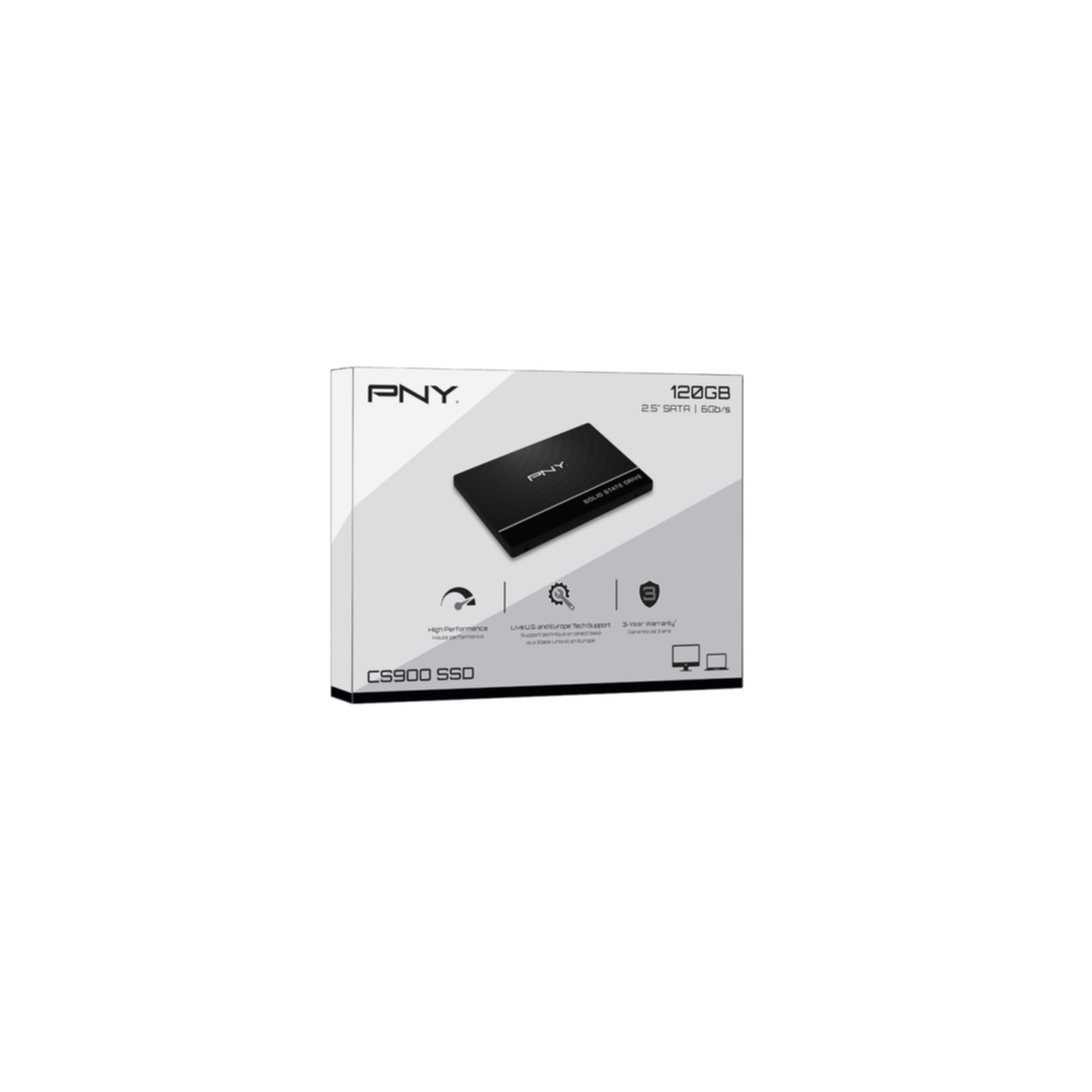 Scatola SSD PNY CS900 nera e argento con informazioni dettagliate.