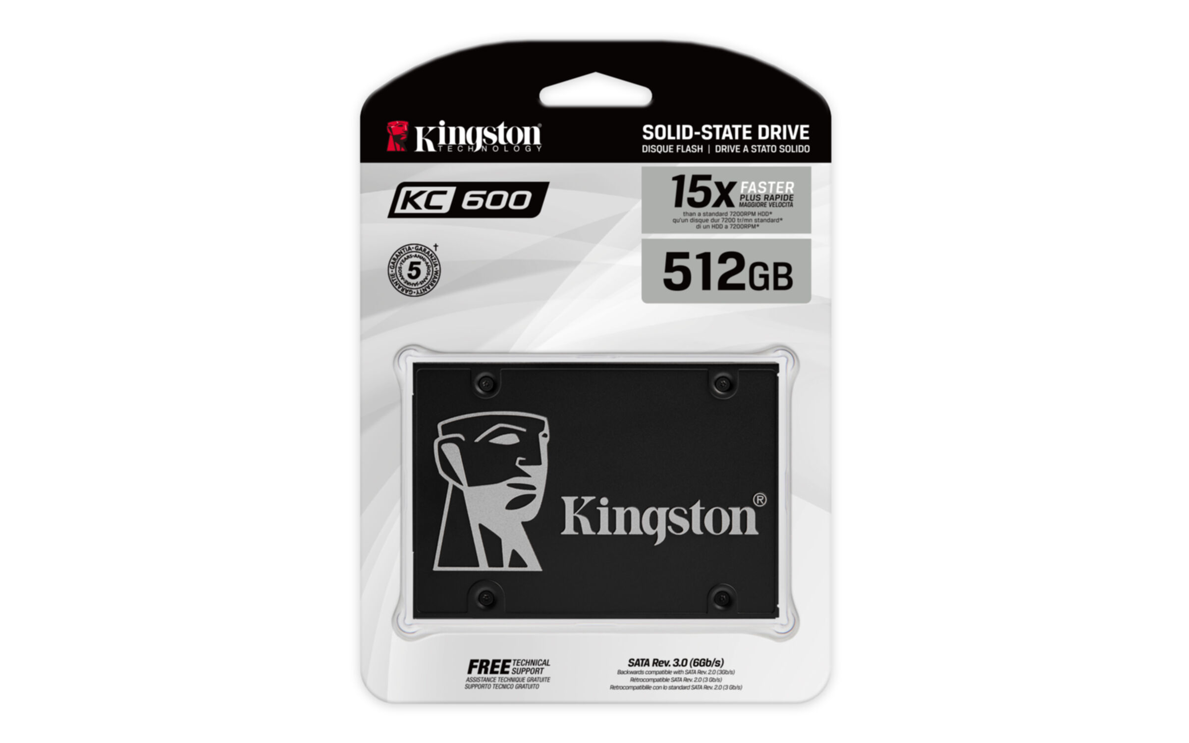 Dysk SSD Kingston KC600 512GB w opakowaniu na białym tle.