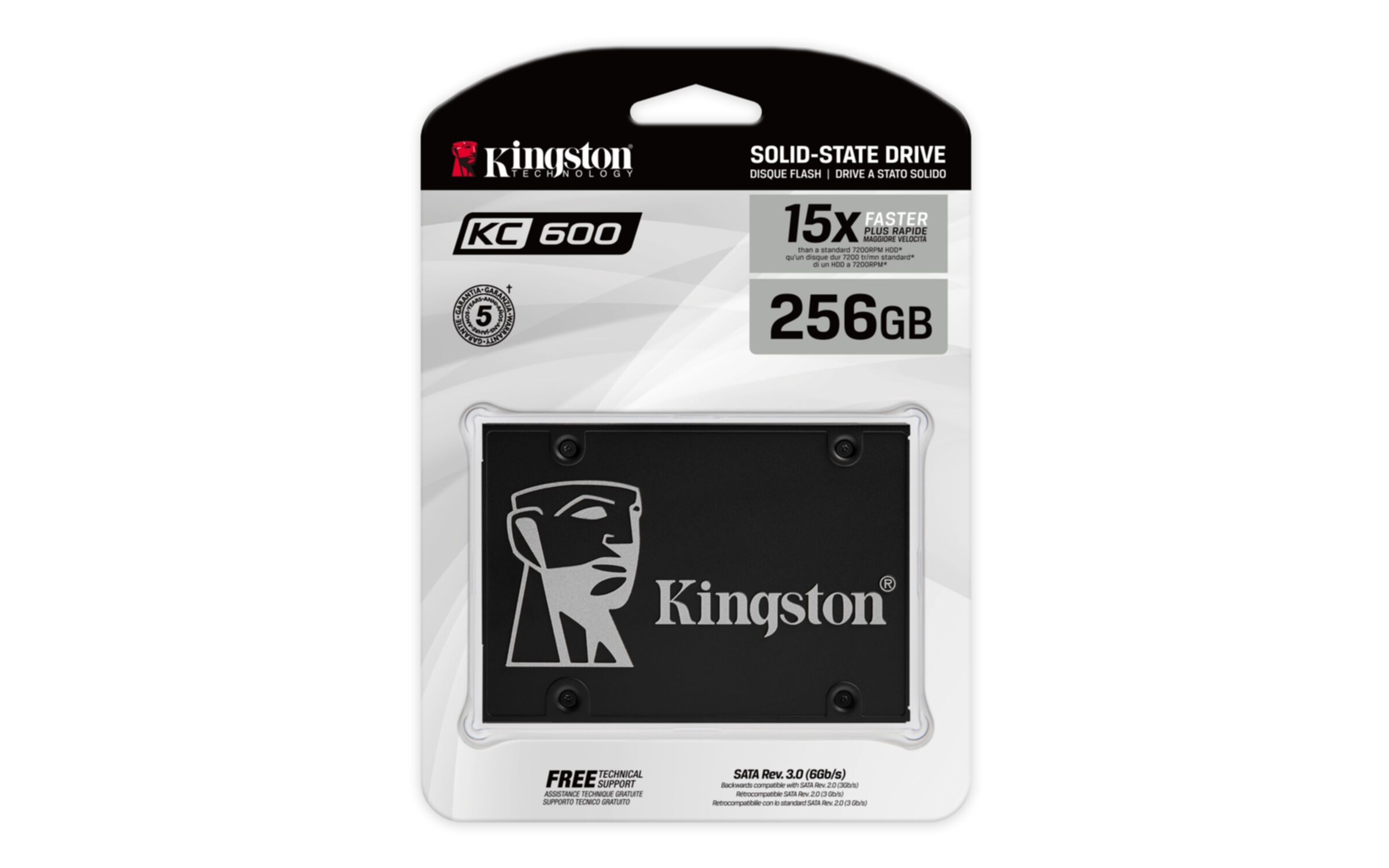 Dysk SSD Kingston KC600 256GB w opakowaniu. Dysk jest czarny, a opakowanie pokazuje nazwę marki.