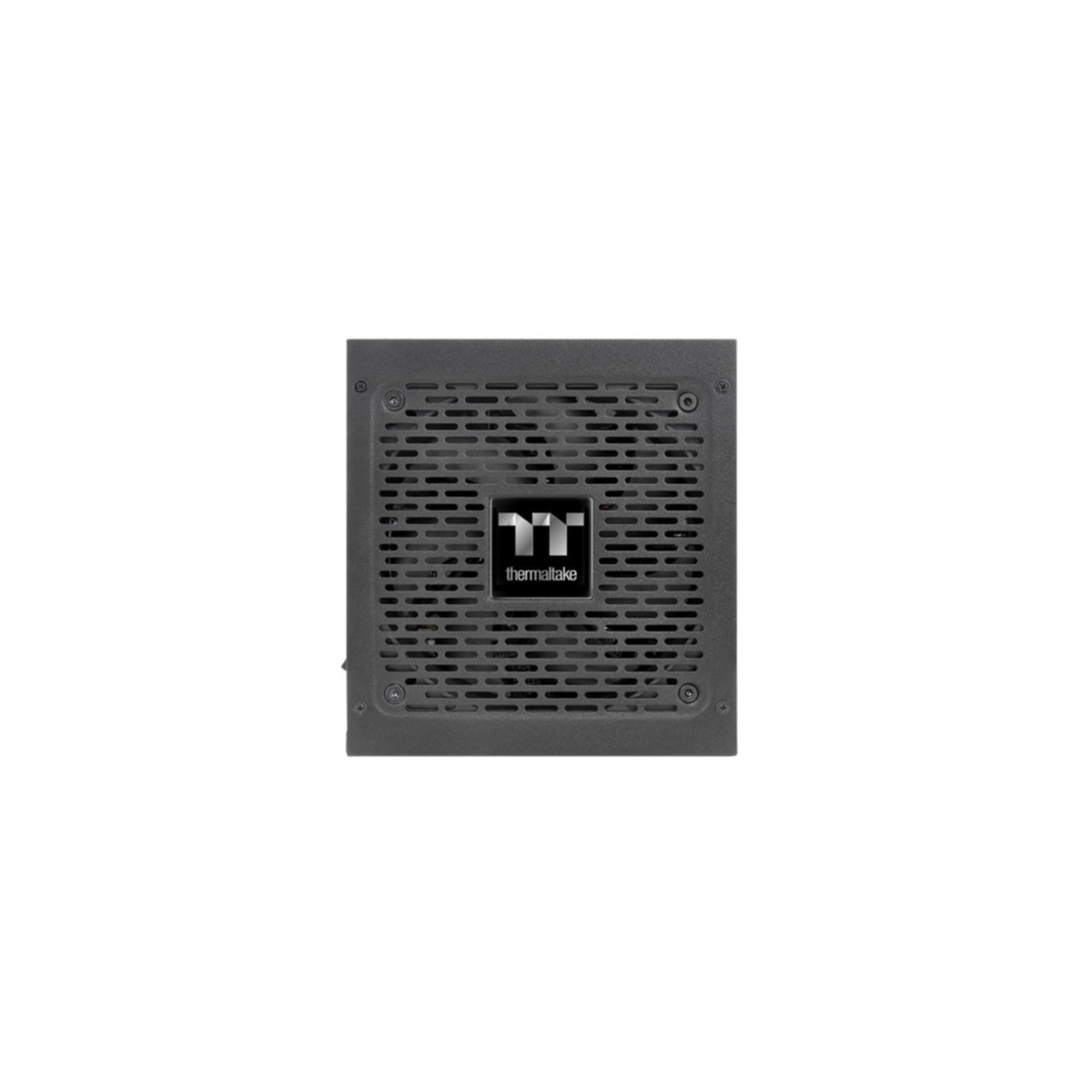 Ein schwarzes Thermaltake-Computer-Netzteil mit Lüftergitter, auf weißem Hintergrund.