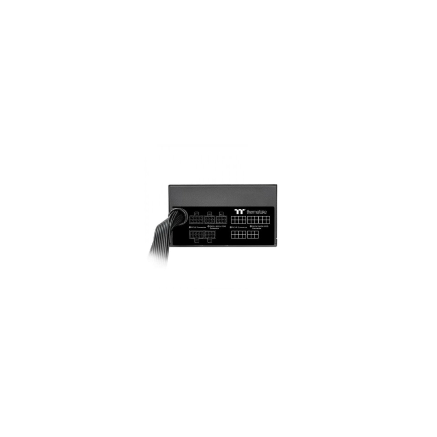 Thermaltake voeding, zwart, op een witte achtergrond.