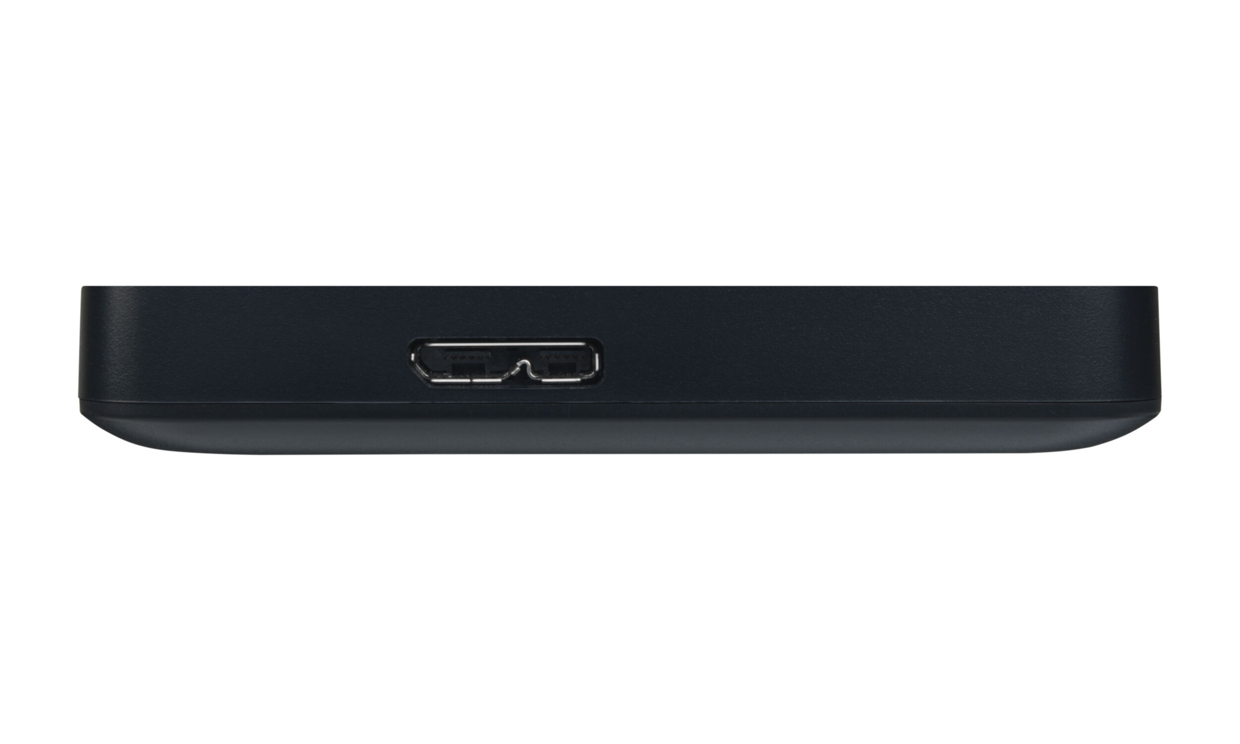 Un dispositivo negro y rectangular con un puerto USB. El dispositivo tiene un acabado mate con fondo blanco.