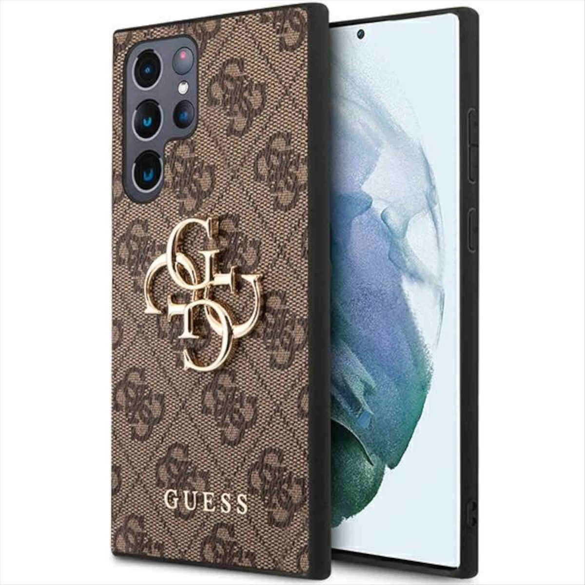 Custodia per telefono marrone con logo Guess su un telefono. Il telefono è aperto. Lo sfondo è bianco.