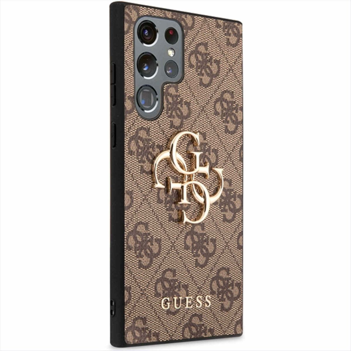 Custodia per telefono con logo Guess. Motivo marrone e beige. Emblema del logo dorato. Cornice nera.
