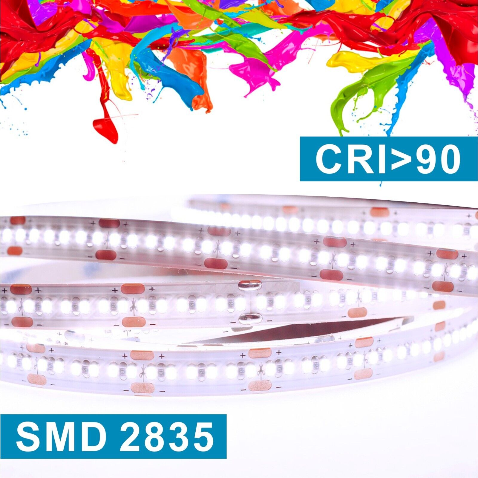 LED-Streifenlichter mit lebendigen Farbspritzern im Hintergrund. Der Text lautet: CRI<gt/>90 und SMD 2835.