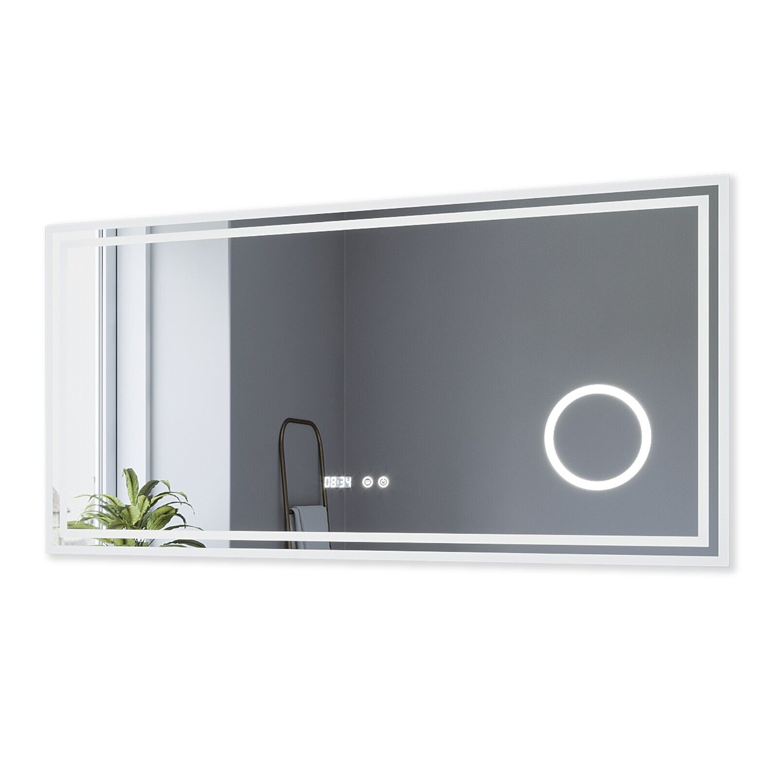 AQUABATOS LED Badspiegel Rechteckig Digitaluhr Kaltweiß Badspiegel Wandspiegel 6400K LED mit