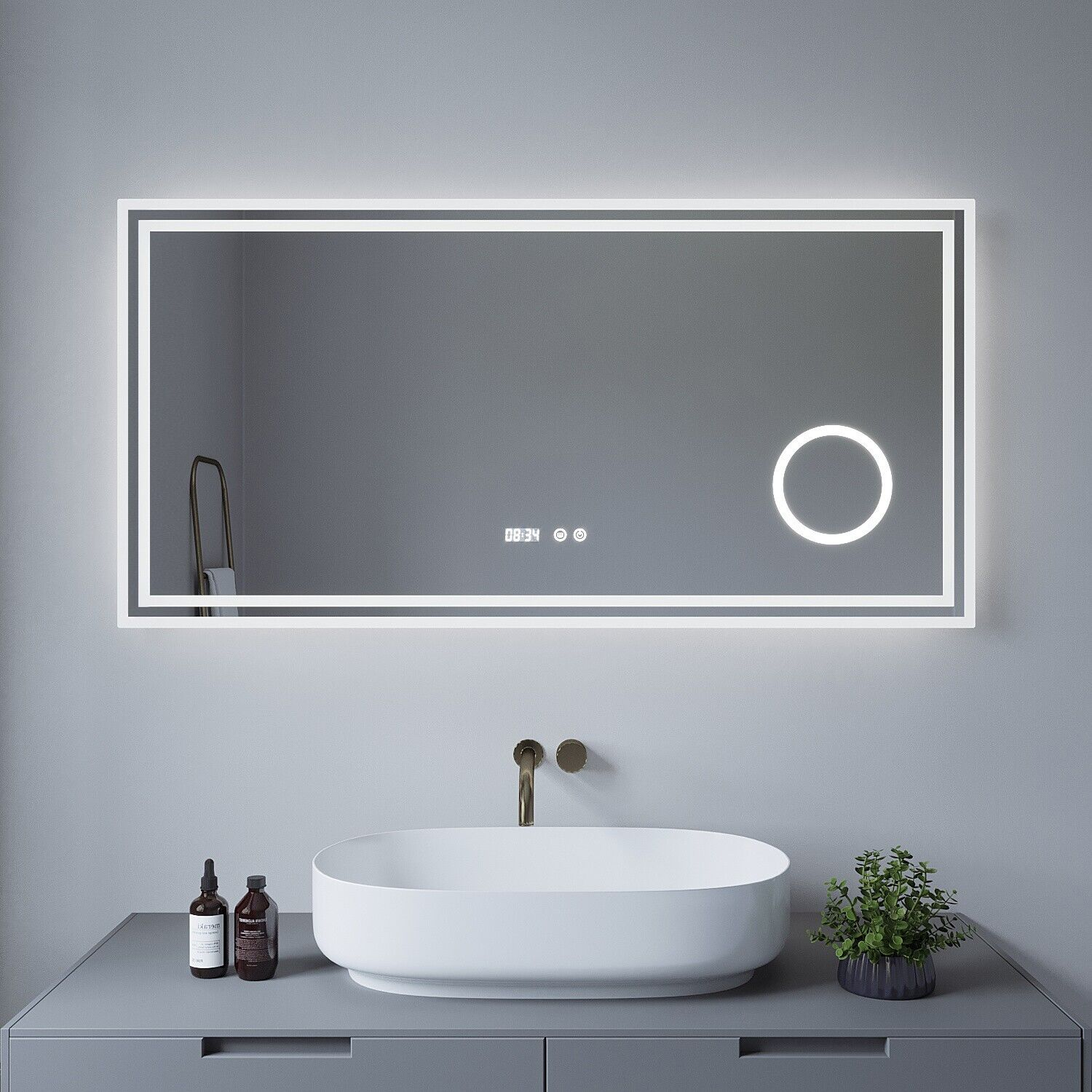 AQUABATOS LED Badspiegel mit 3Fach-Vergrößerung Kaltweiß Badspiegel und 6400K Uhr Kosmetikspiegel