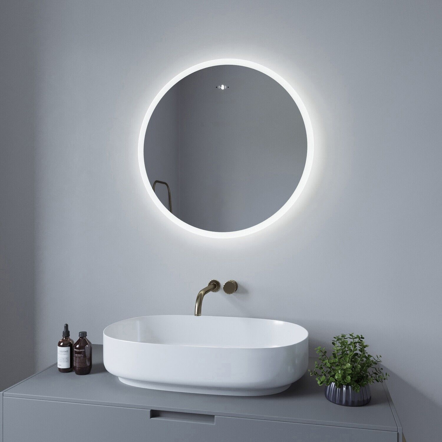 Badspiegel Rund 60 Sensor AQUABATOS Wandspiege Beleuchtung LED mit 6400K Spiegel Kaltweiß cm IR
