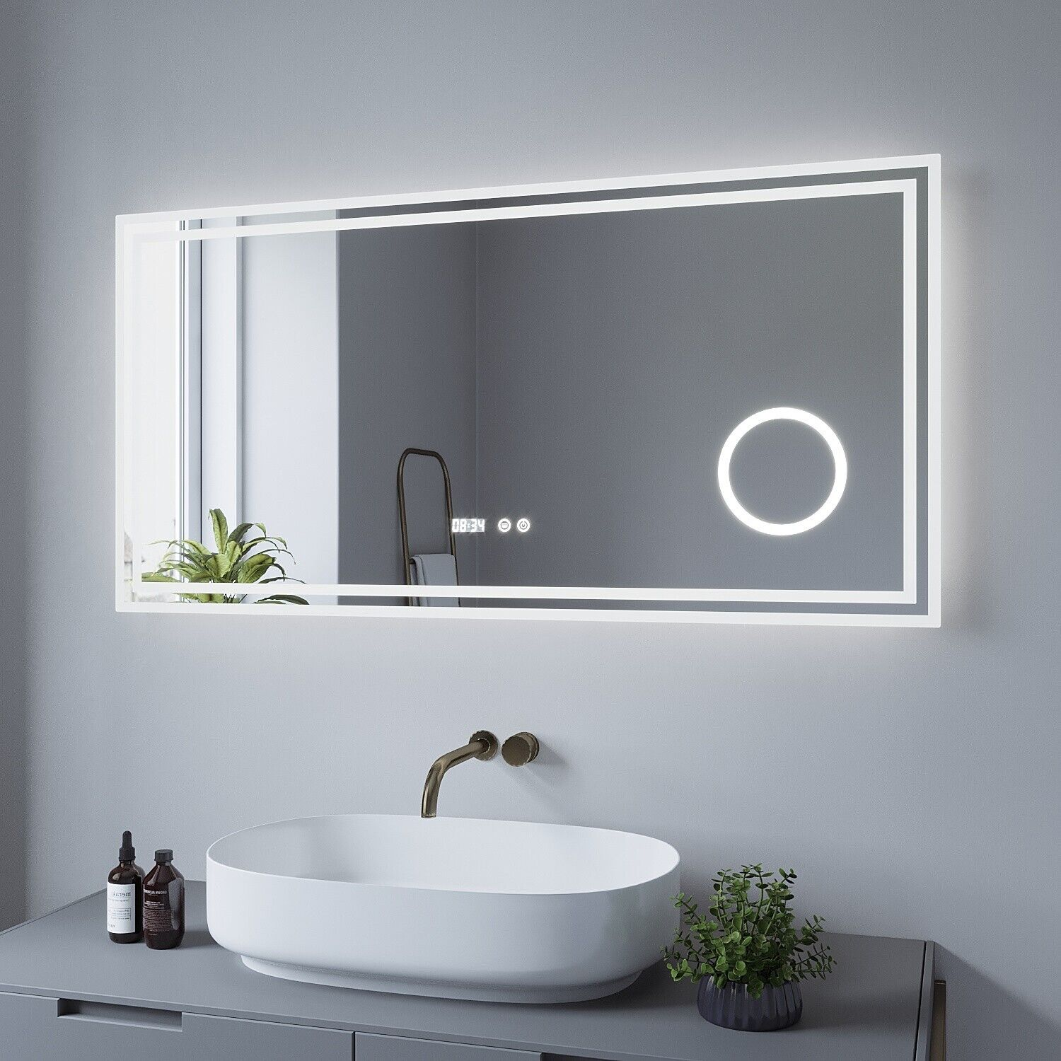 und mit Kaltweiß Badspiegel 3Fach-Vergrößerung LED Kosmetikspiegel Uhr 6400K Badspiegel AQUABATOS