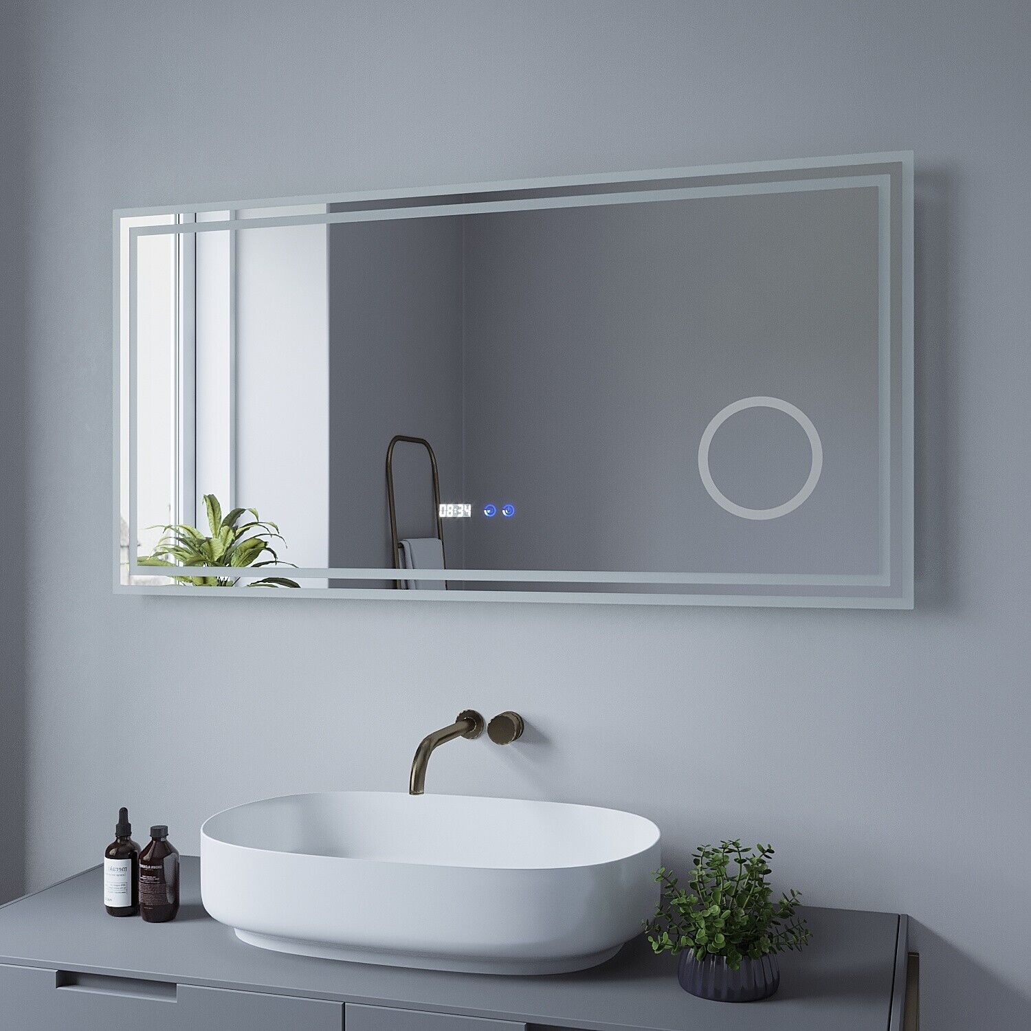 AQUABATOS LED Badspiegel mit 3Fach-Vergrößerung Kaltweiß Badspiegel und 6400K Uhr Kosmetikspiegel