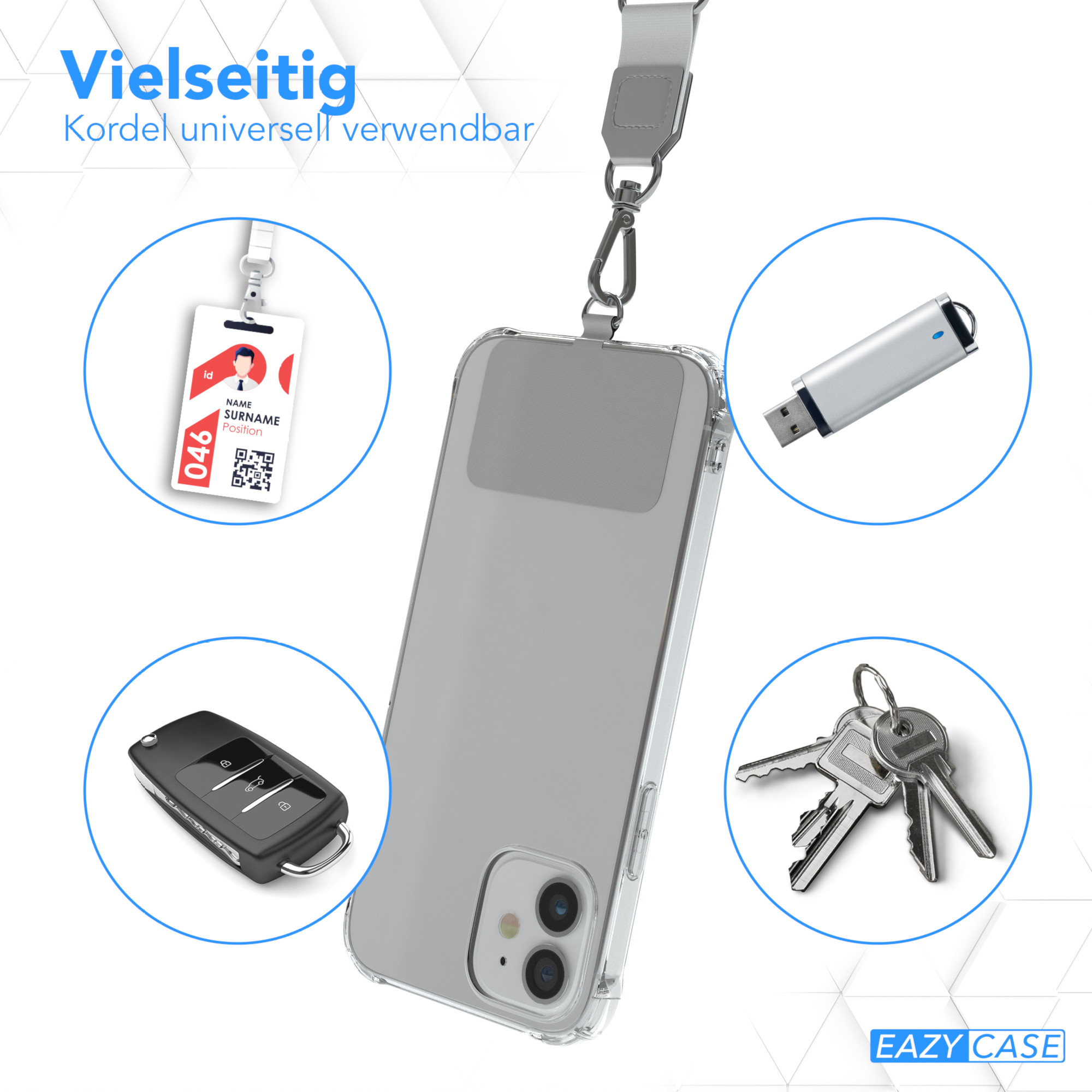 Transparente Handyhülle mit Zubehör: Ausweis, Schlüssel, USB-Stick und Autoschlüssel-Fernbedienung.