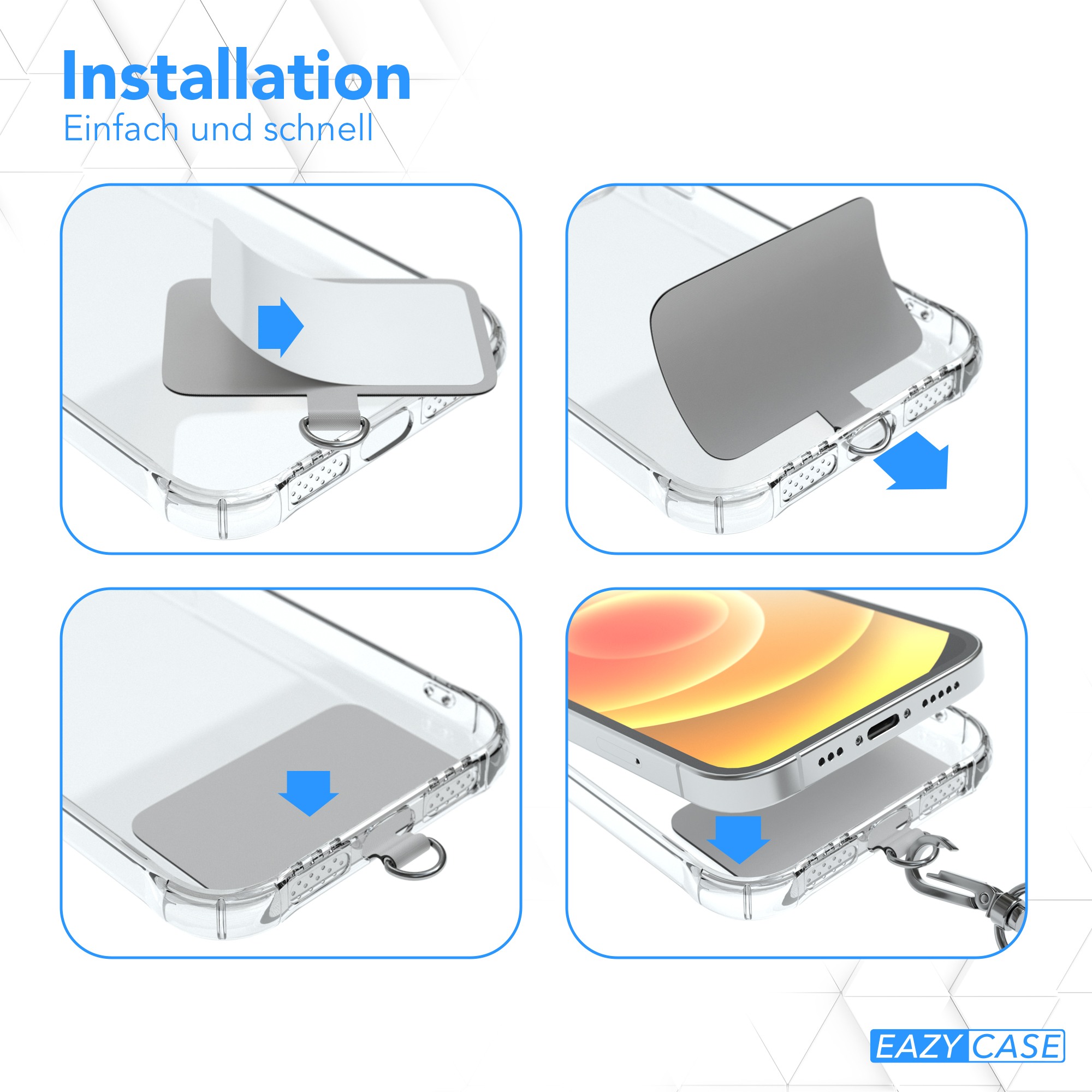 Installationsschritte für Handyhülle gezeigt. Klebstoffanwendung auf dem Telefon.