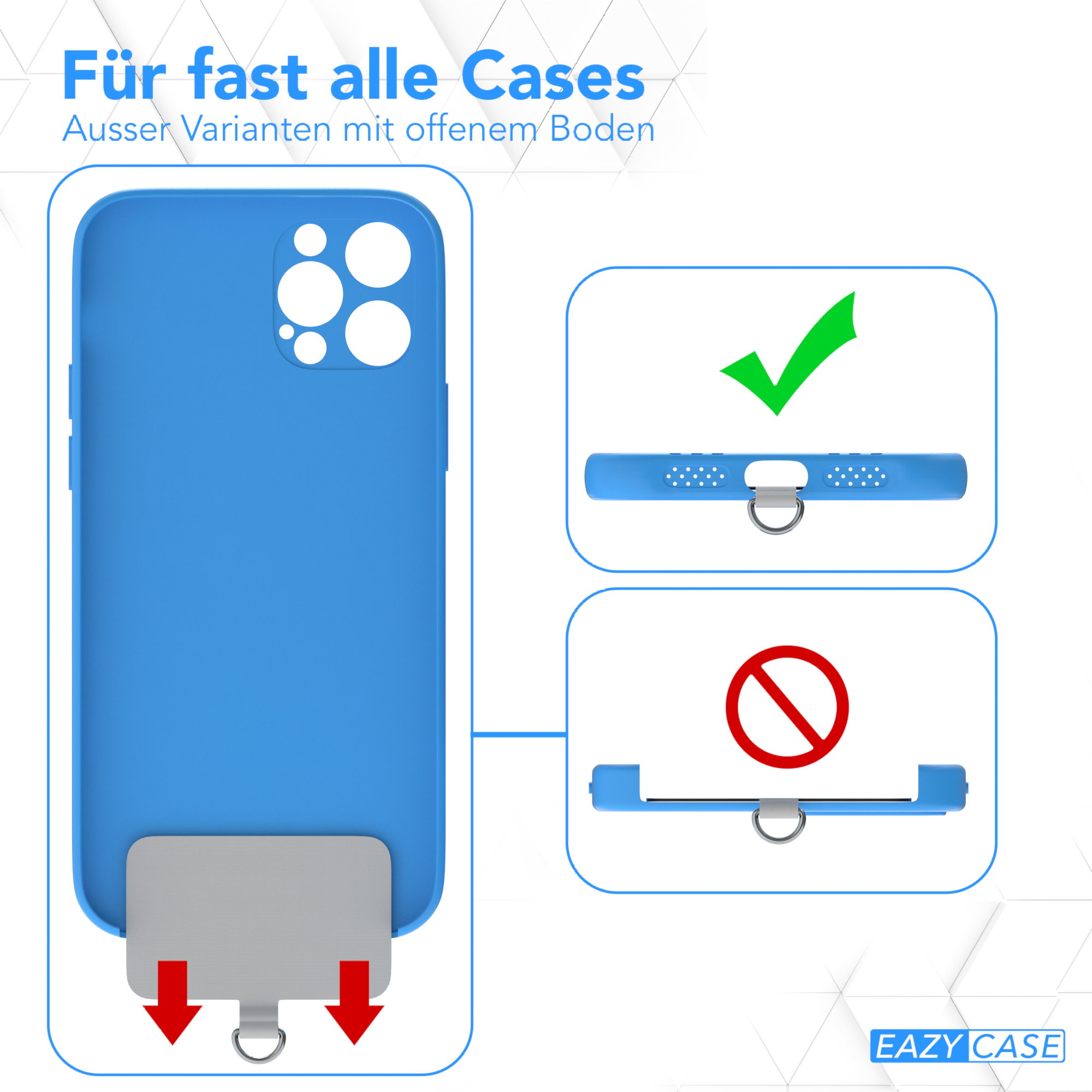 Eine blaue Handyhülle mit einem Ausschnitt für die Kamera und einem grauen Klebepad mit roten Pfeilen.