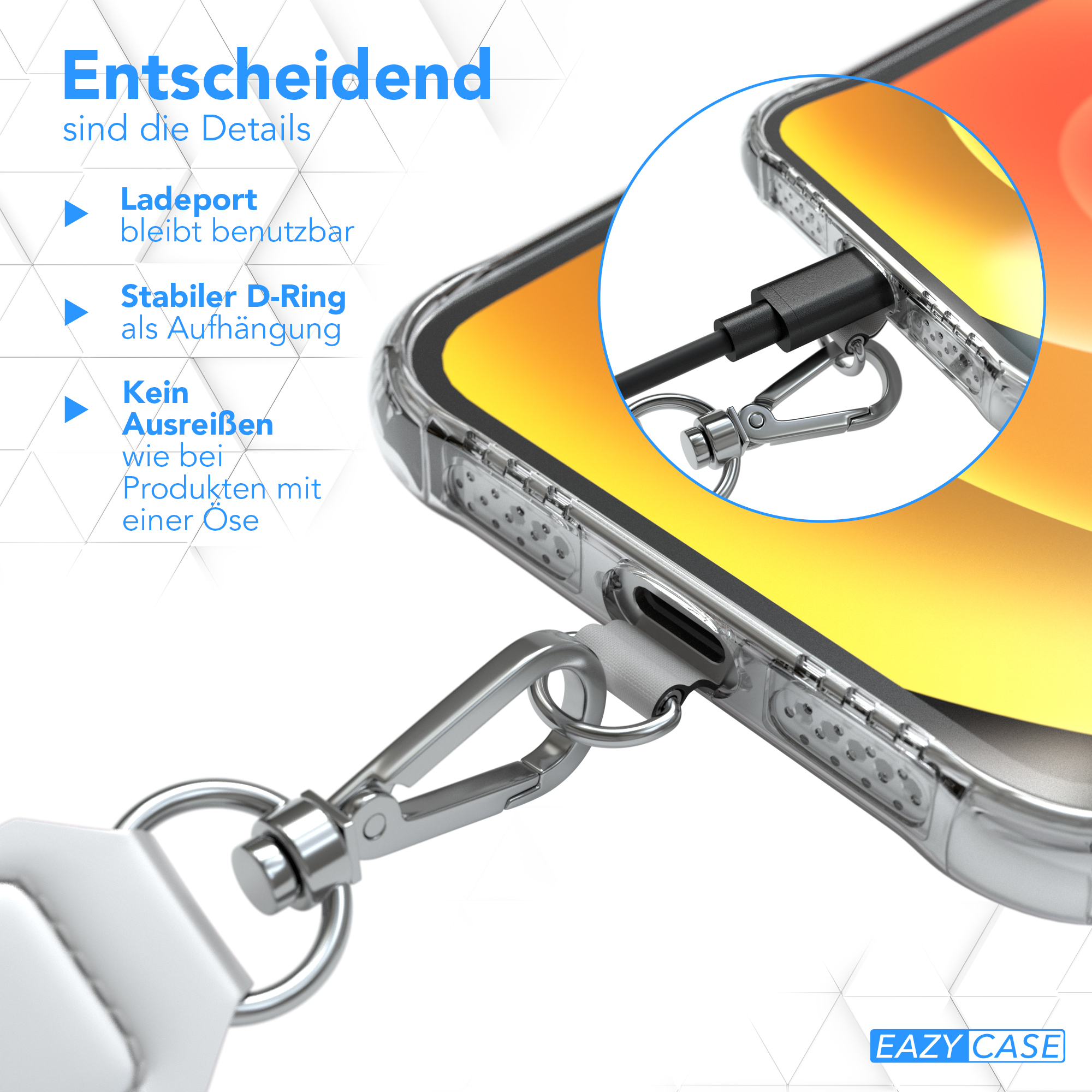 Transparente Handyhülle mit Metallring. Ein Ladekabel ist eingesteckt. Text auf Deutsch erklärt Funktionen.