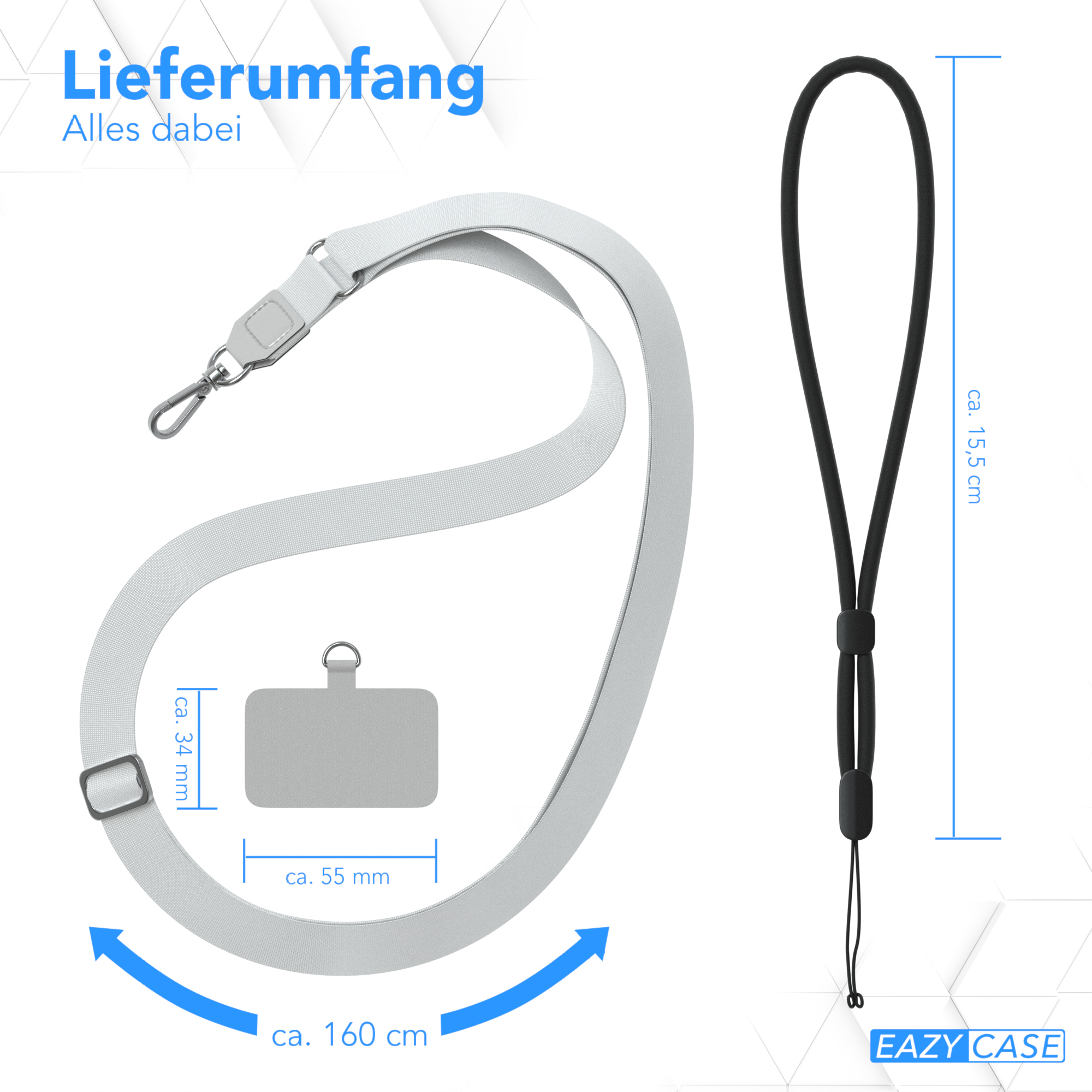 Weißes Telefon-Umhängeband mit Maßen und schwarzer Handschlaufe, weißer Hintergrund.