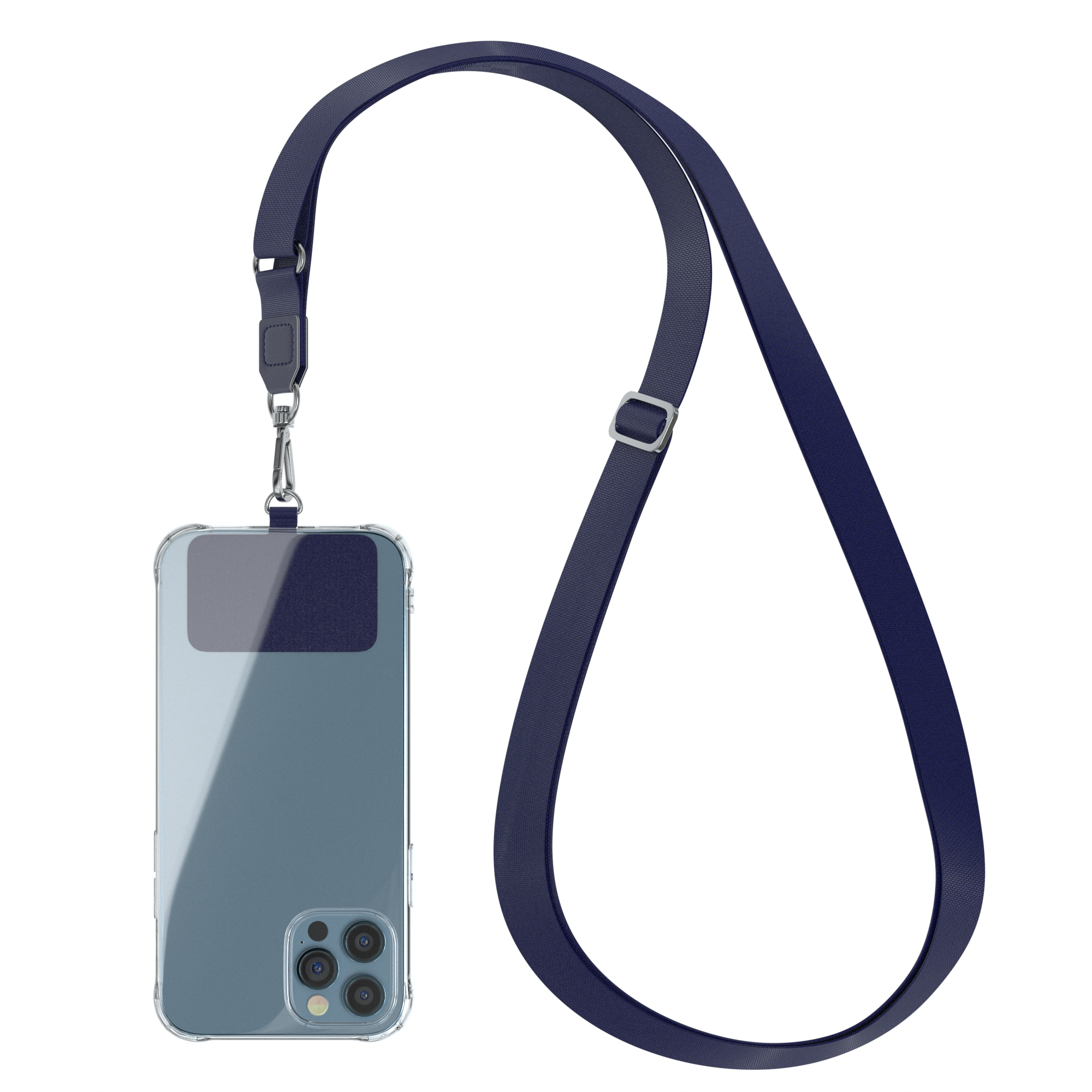 Telefon in einer transparenten Hülle mit Riemen. Der Riemen hat eine Schnalle, um die Länge anzupassen.