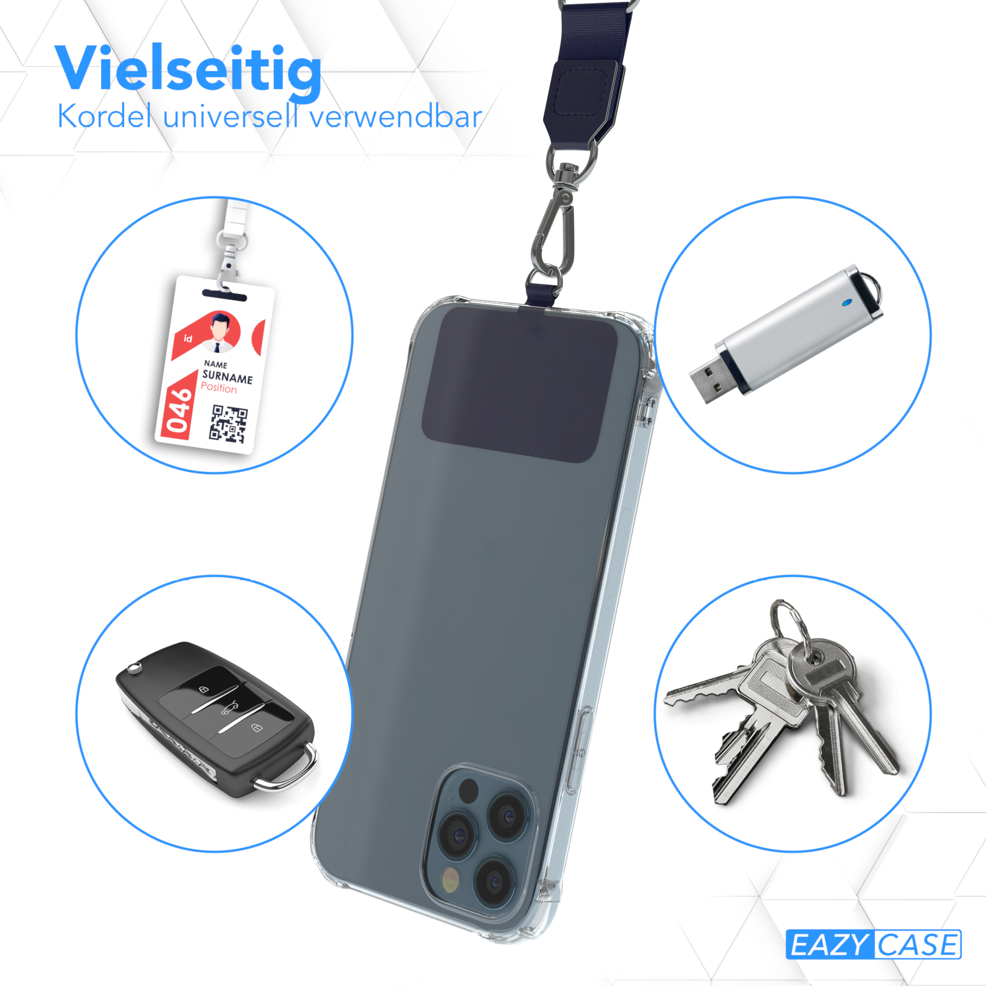 Eine Handyhülle mit verschiedenen befestigten Gegenständen: Lanyard, USB-Stick, Schlüssel und Ausweis.