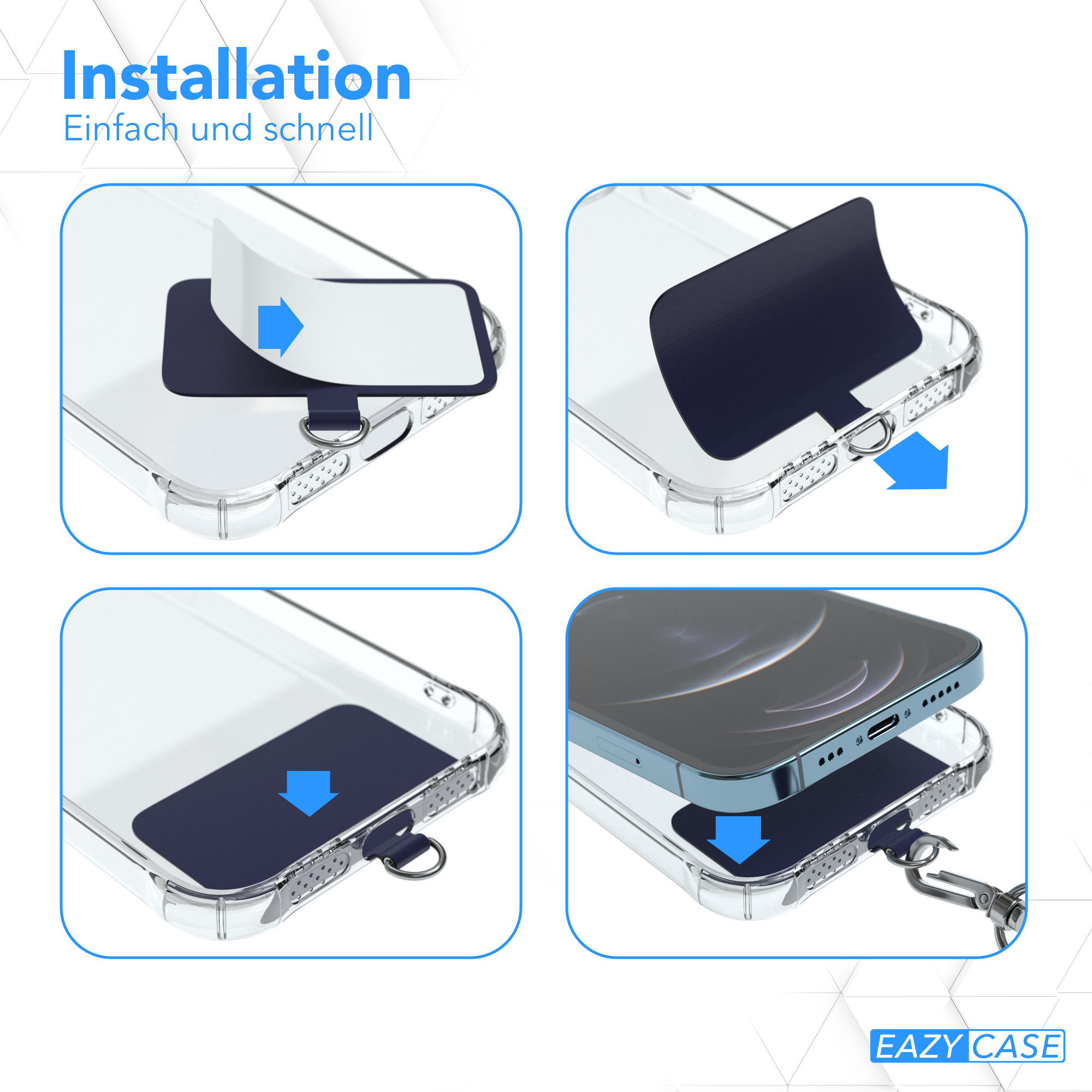 Vier Bilder, die den Installationsprozess einer Handyhülle zeigen. Die Schritte sind einfach und schnell.