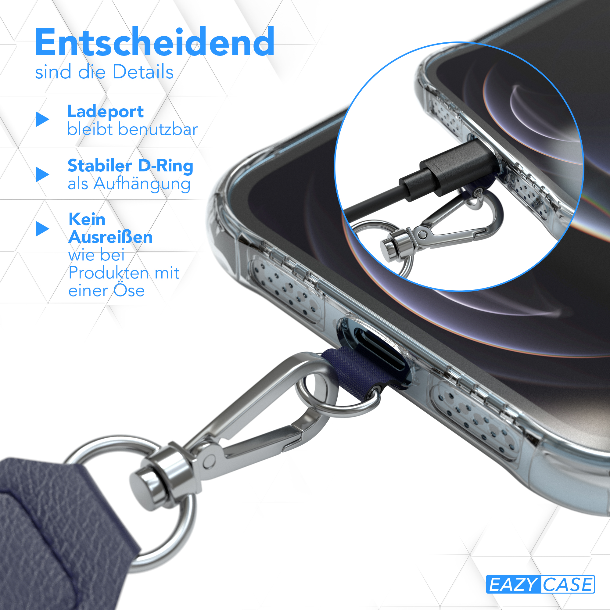 Nahaufnahme einer Handyhülle mit Gurt und Ladeanschluss.