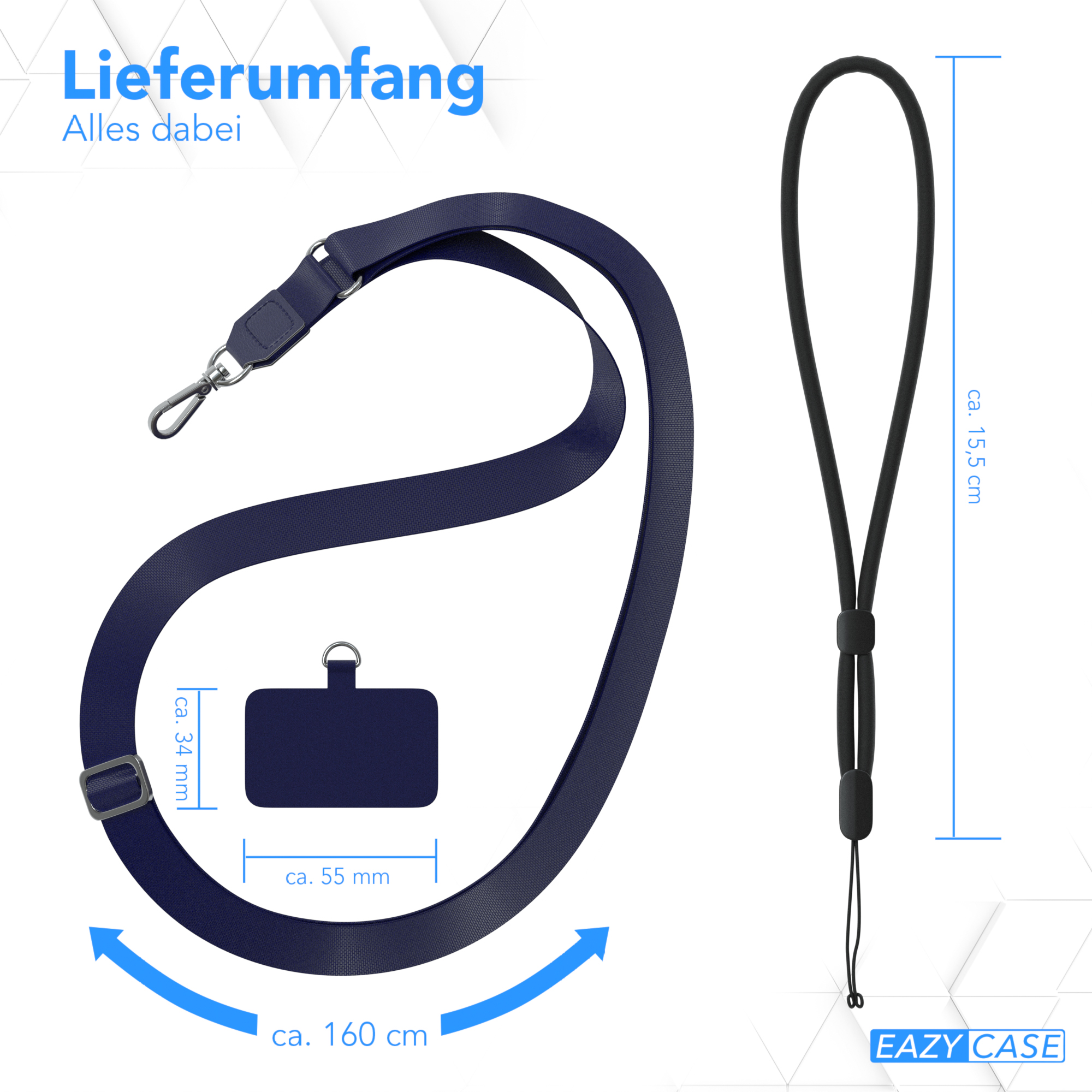 Dunkelblaues Schlüsselband mit Handyhalter, schwarzer Handschlaufe und Abmessungen in Zentimetern.