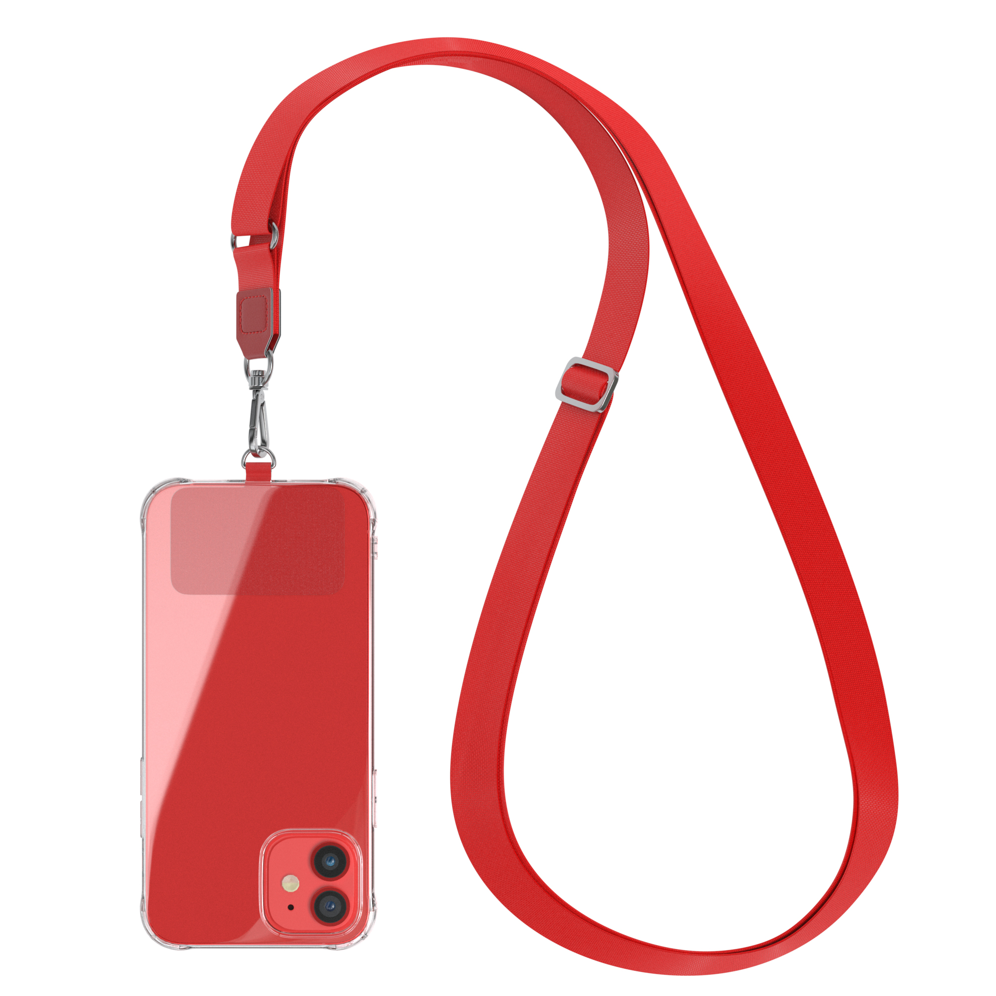 Rotes Telefon in transparenter Hülle mit rotem Umhängeband. Weißer Hintergrund. Das Telefon zeigt die Kamera.