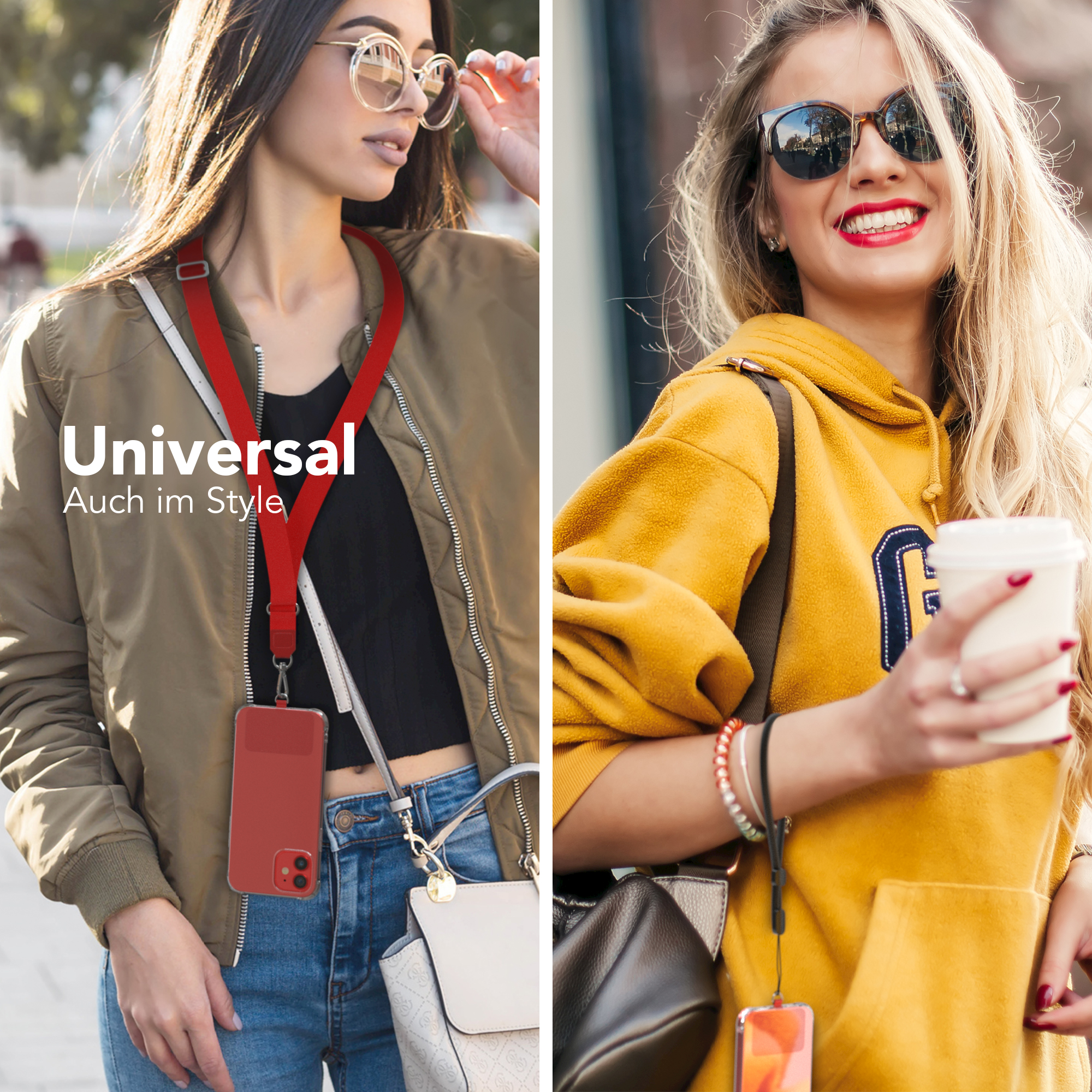 Zwei Personen mit Handy-Lanyards. Einer rot, einer schwarz. Jeder hat ein Telefon.