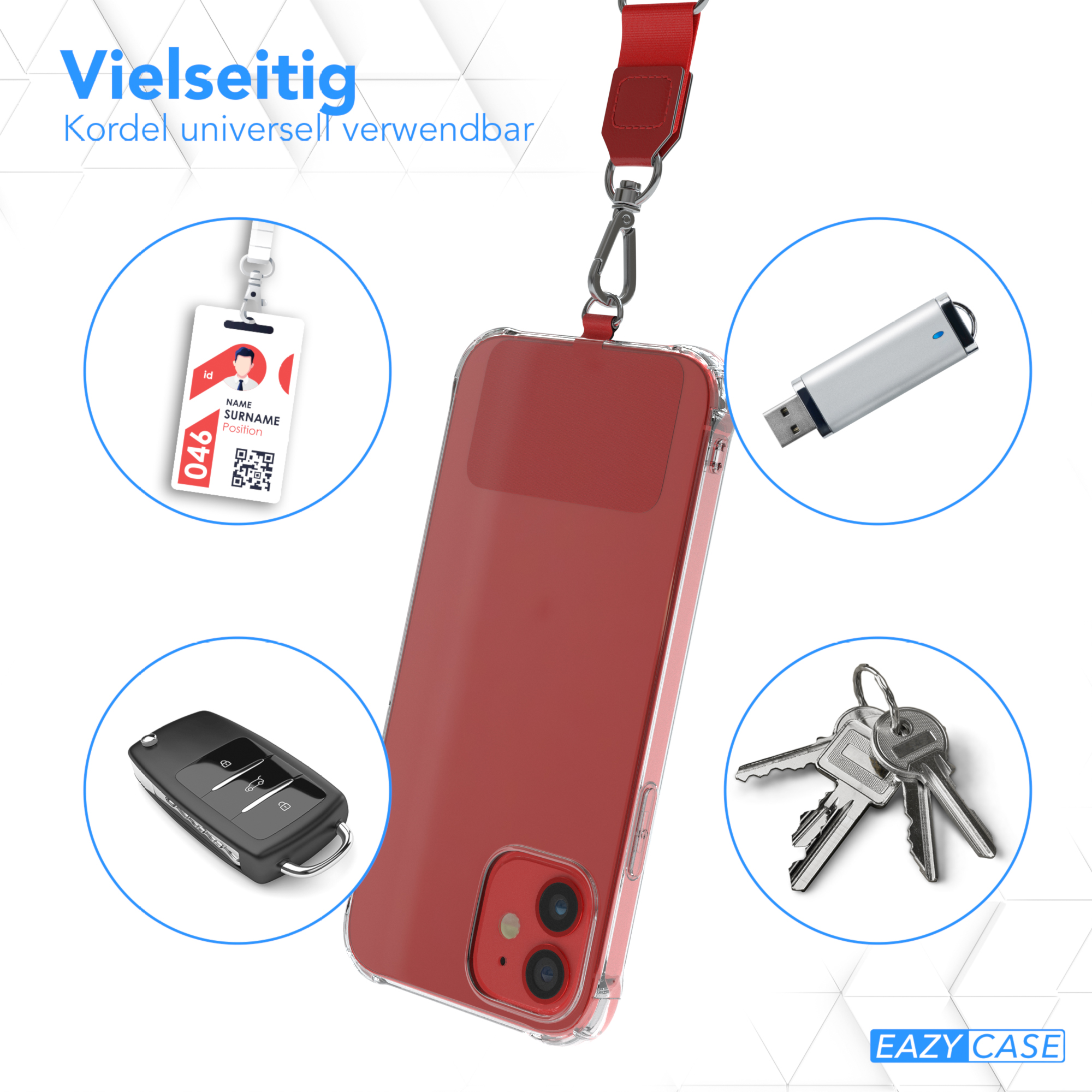Eine rote Handyhülle mit Zubehör: USB-Stick, Schlüssel und Ausweis. Es hat ein Schlüsselband.