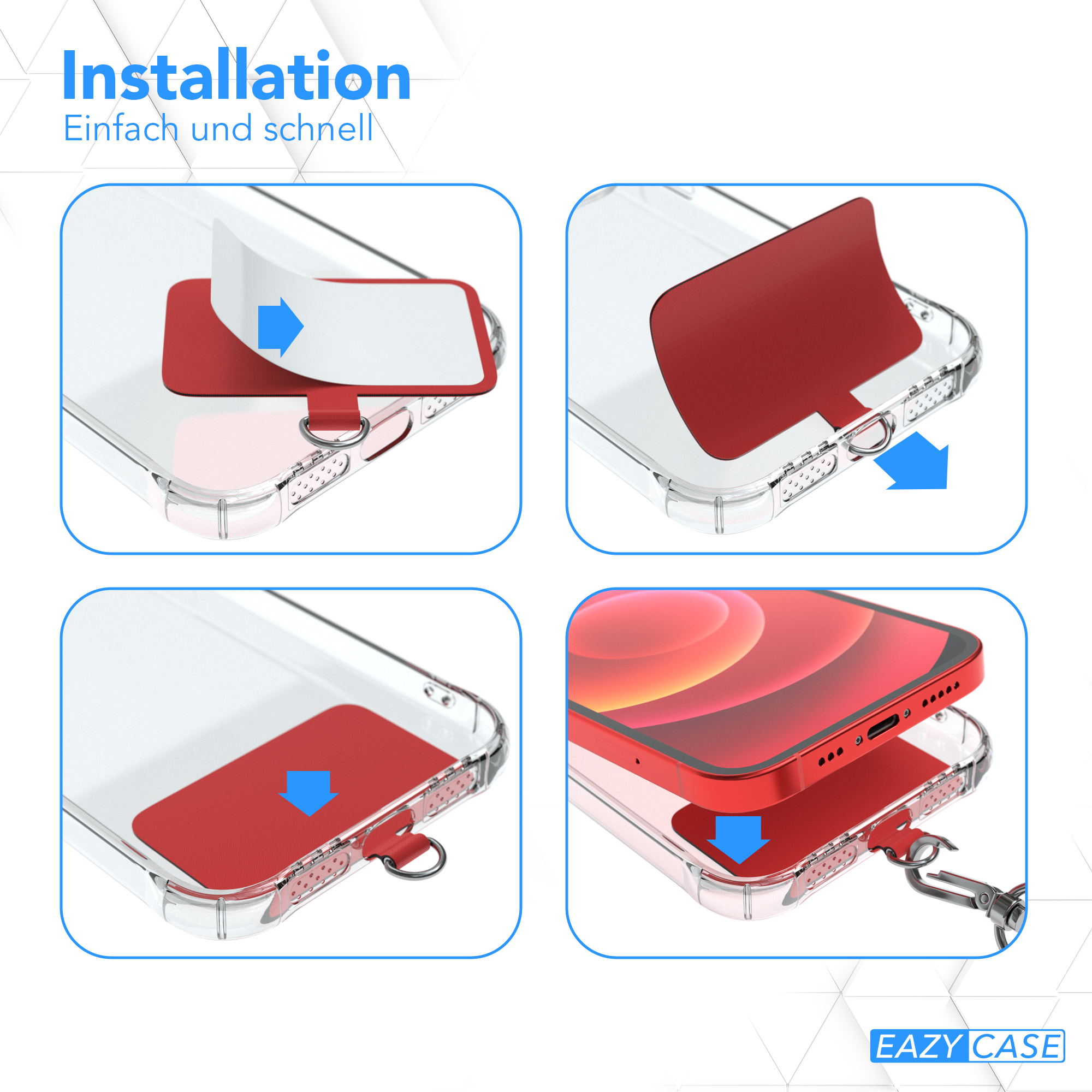 Installationsanleitung: Schritte zum Anbringen einer Displayschutzfolie am Telefon. Rote Klebeführungen.