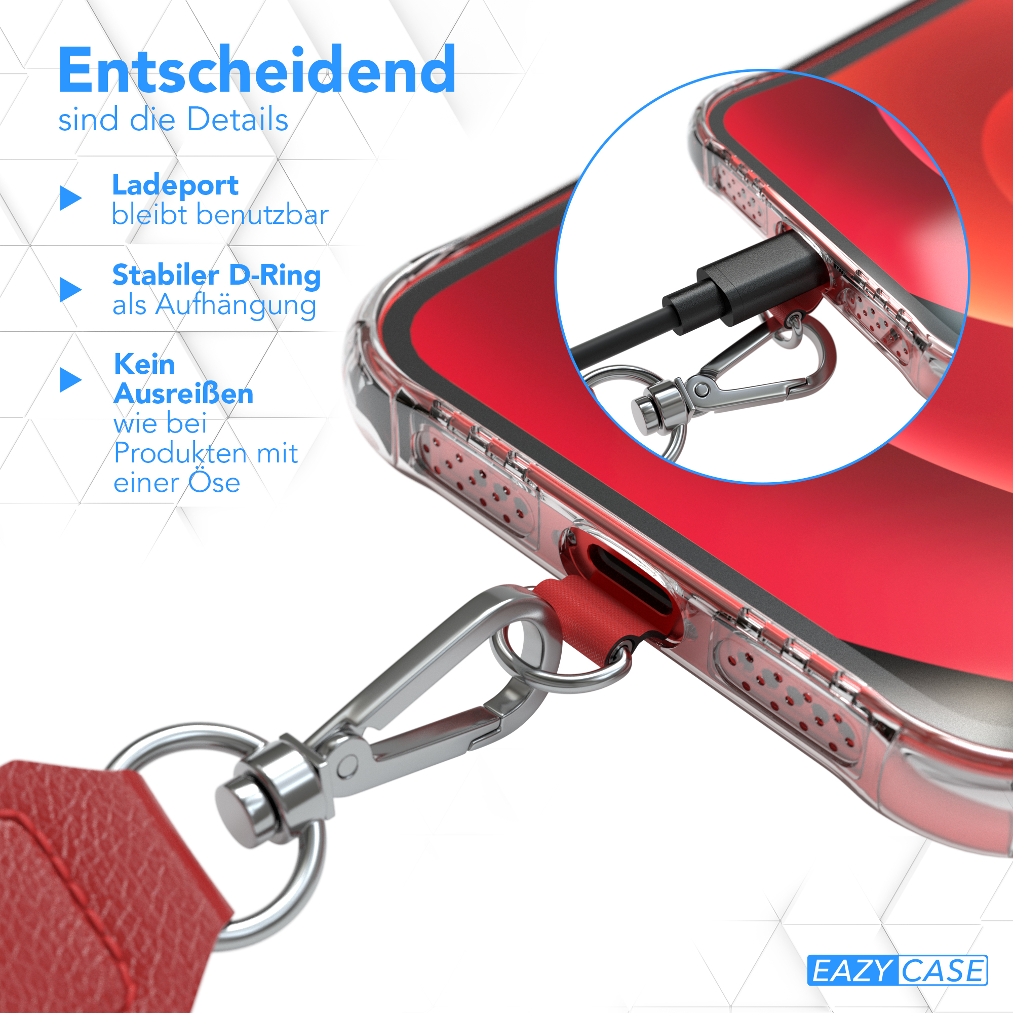 Nahaufnahme einer durchsichtigen Handyhülle mit eingestecktem Ladekabel.