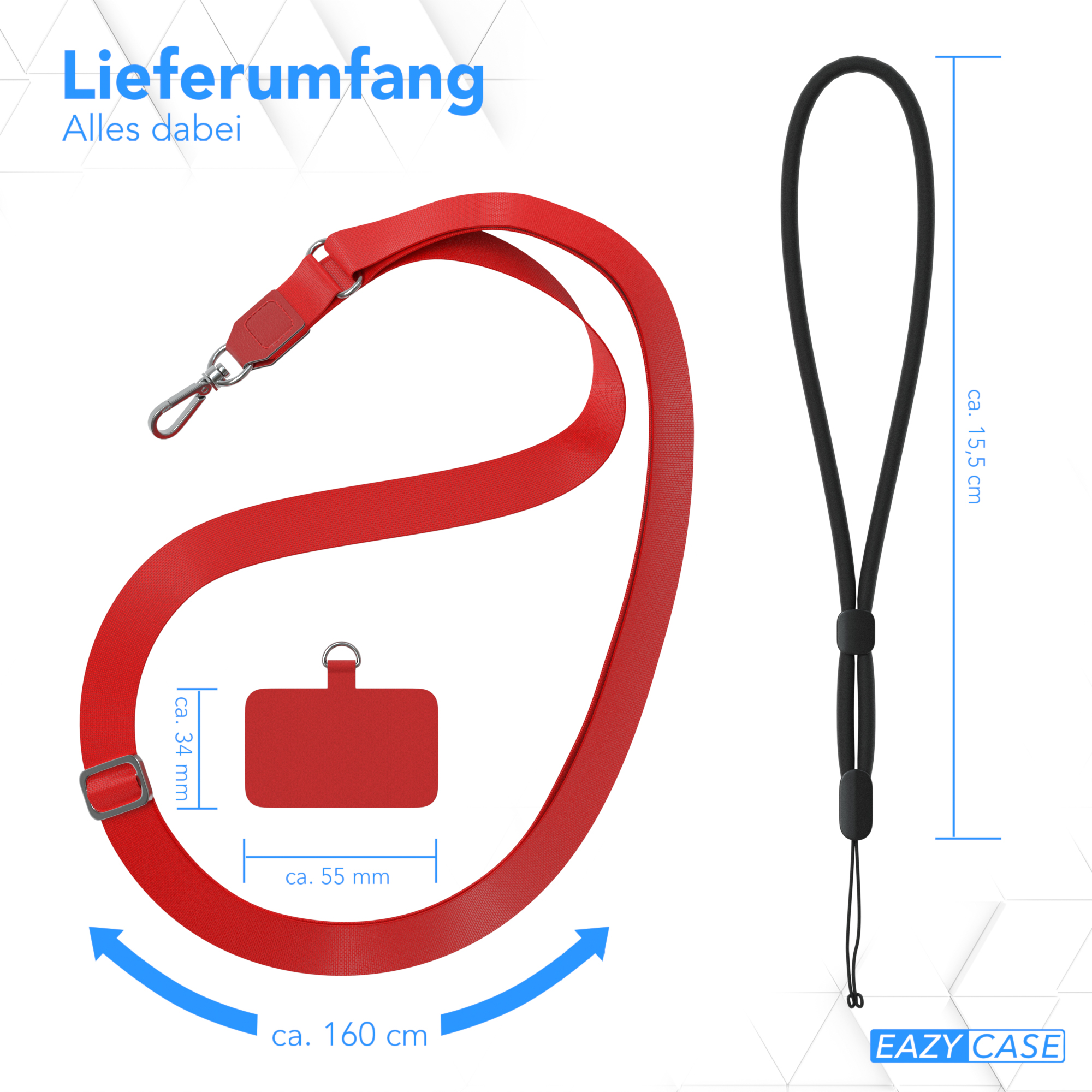 Rotes Schlüsselband, Telefonhalter und schwarze Handschlaufe auf weißem Hintergrund. Abmessungen sind dargestellt.