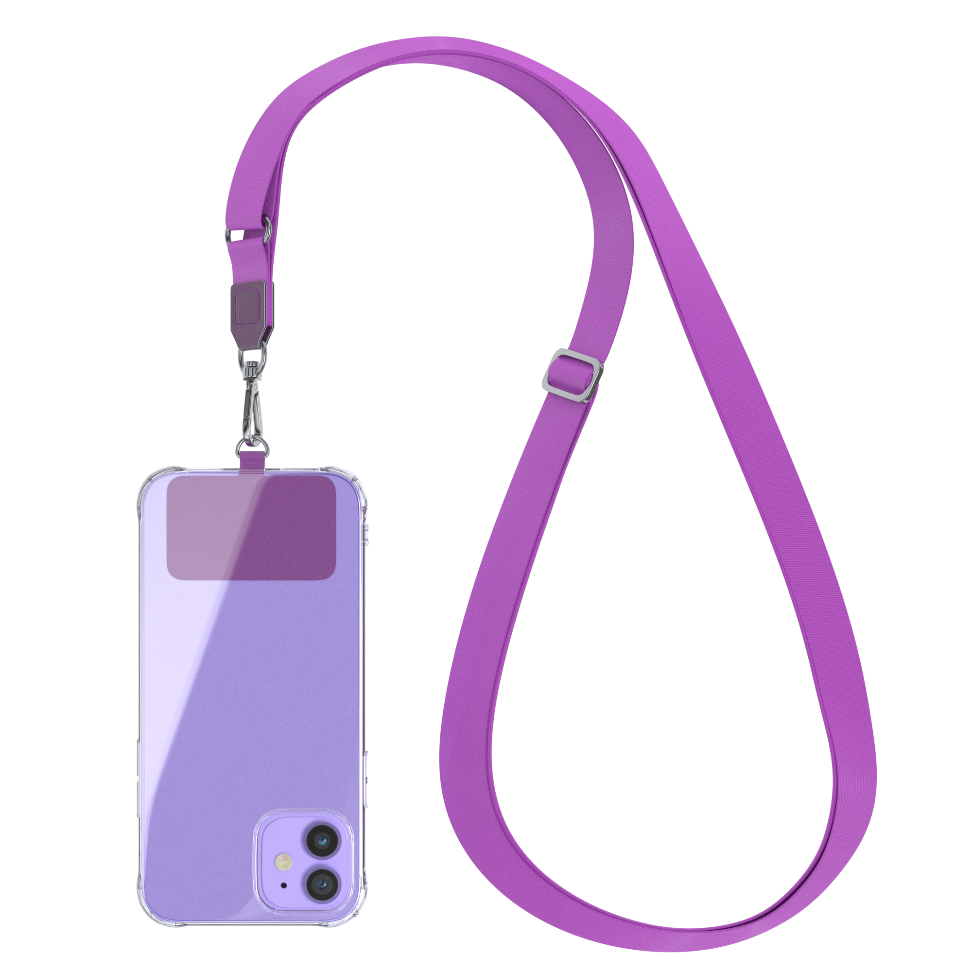 Lila Handyhülle mit Umhängeband. Transparente Hülle mit Umhängeband, lila.