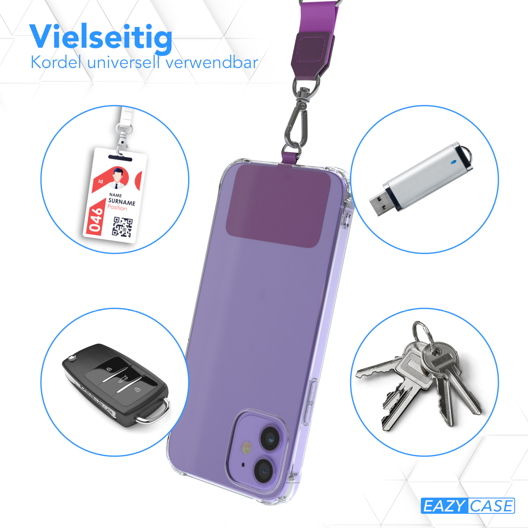 Transparente Handyhülle mit lila Rückseite, Schlüsselband, Autoschlüssel, USB-Stick und Ausweis.