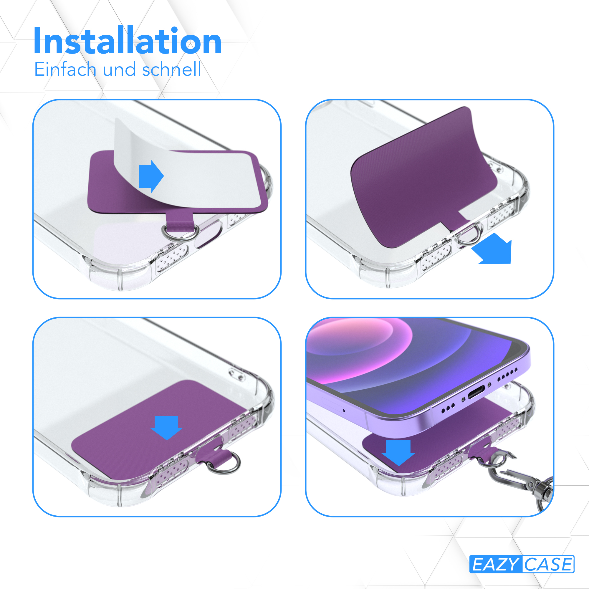 Installationsanleitung für Handyhülle mit lila Klebestreifen.