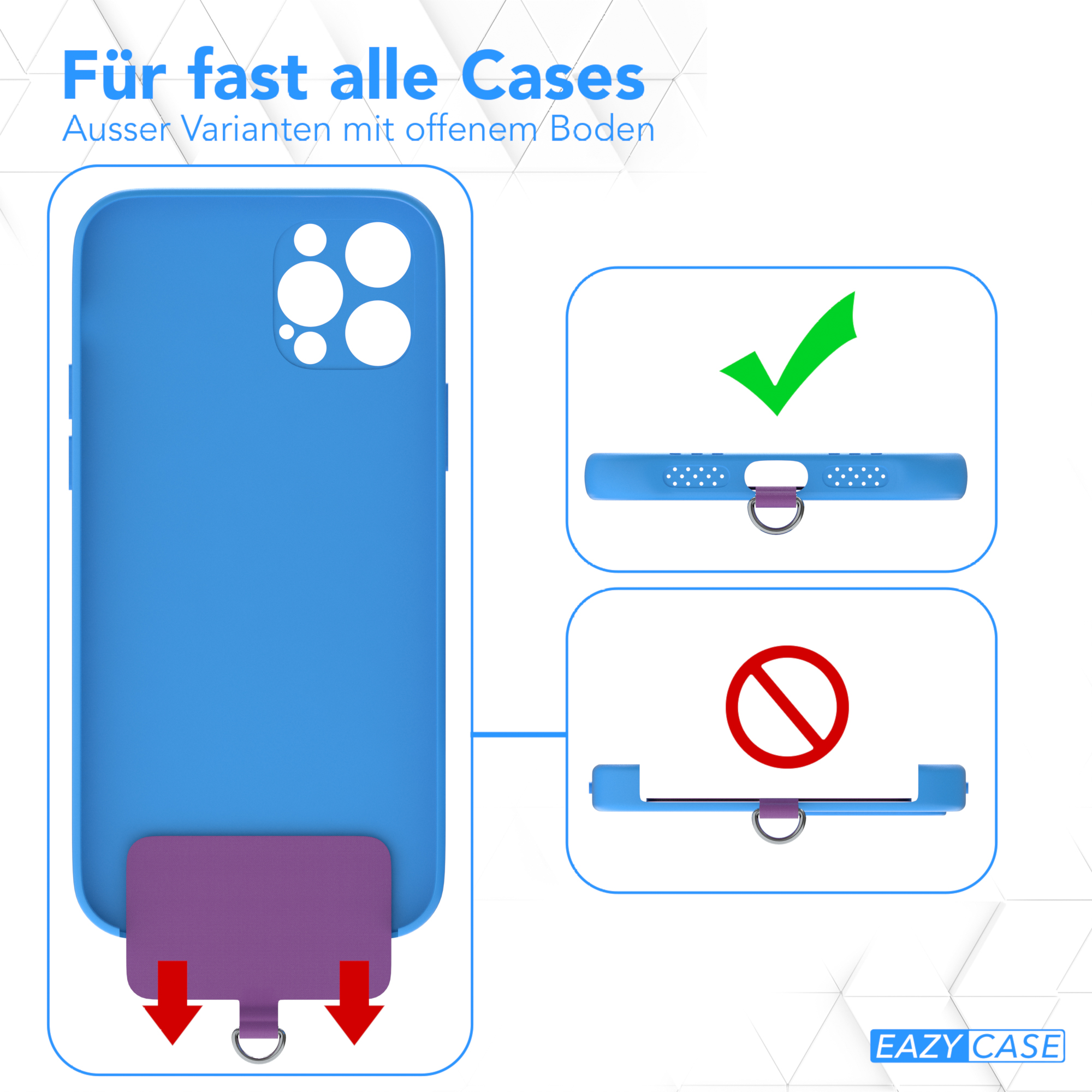 Diagramm, das zeigt, wie man ein Telefon in eine Hülle einsetzt. Eine blaue Hülle und ein lila Tab sind gezeigt.
