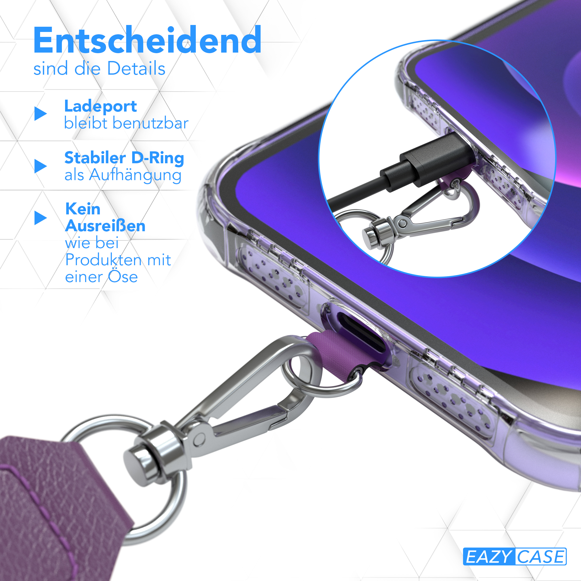 Nahaufnahme eines Telefons mit klarer Hülle, Ladeanschluss und Lanyard.
