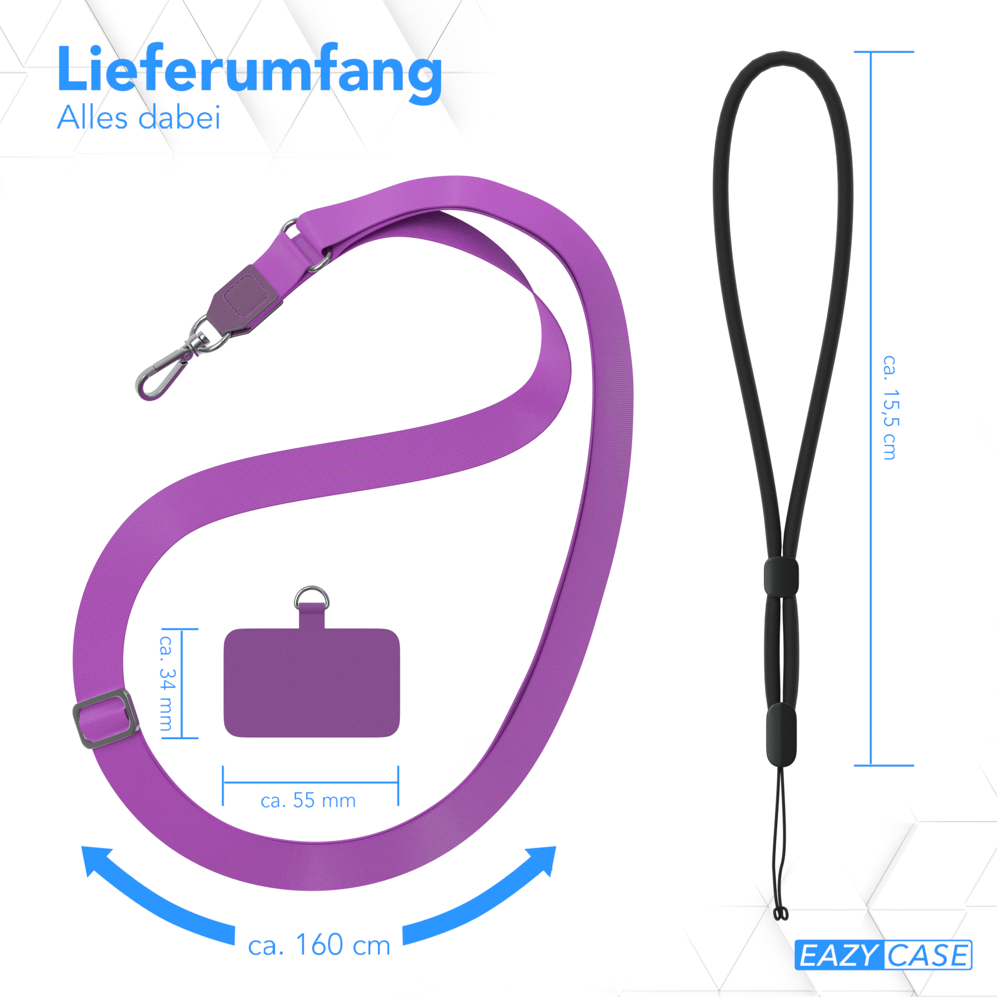 Lila Handyband und -halter. Text zeigt Abmessungen und 'Eazy Case'-Branding. Dunkler Hintergrund.