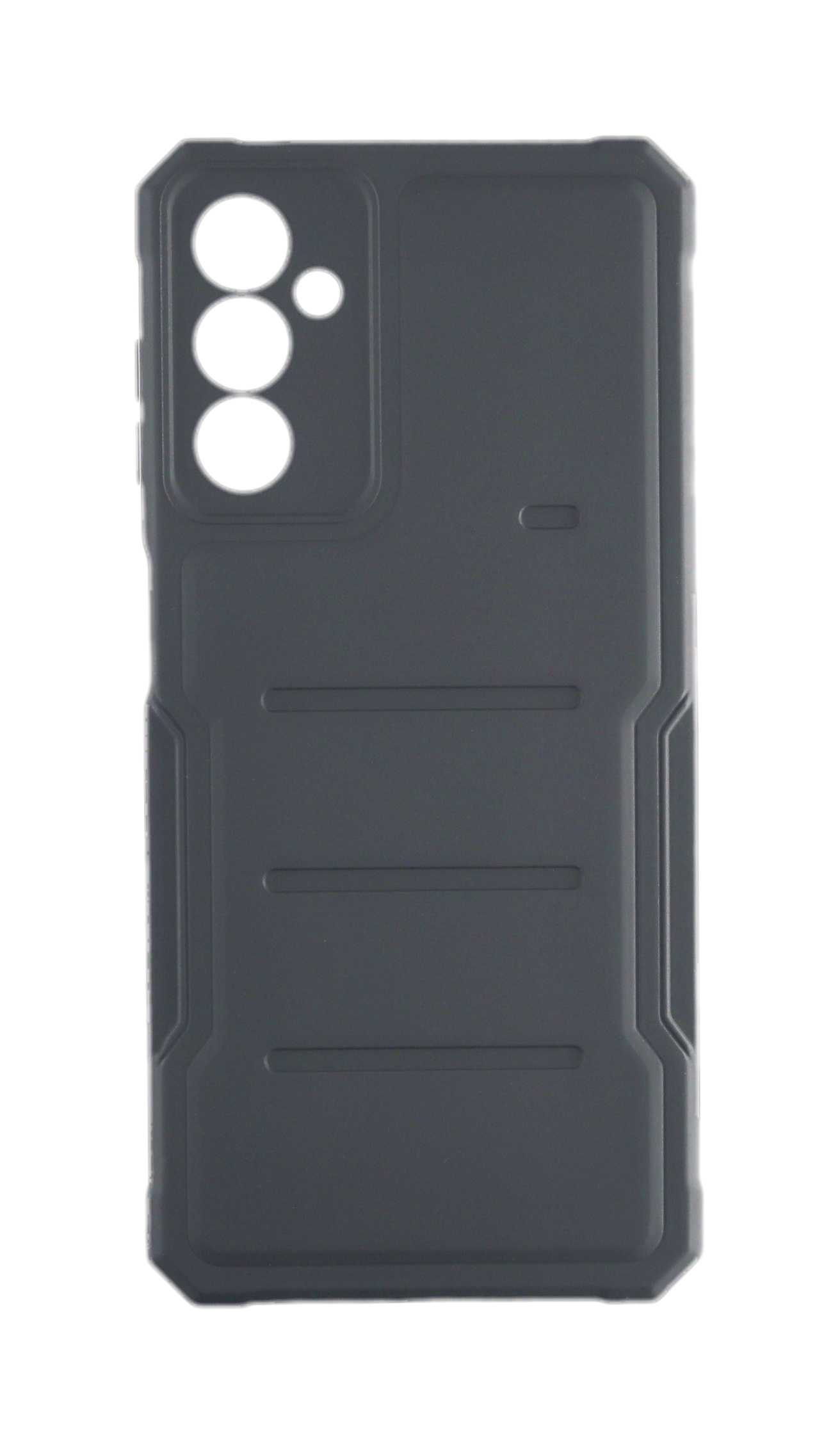 Eine dunkelgraue Handyhülle mit robustem Design, zeigt die Rückseite des Telefons.
