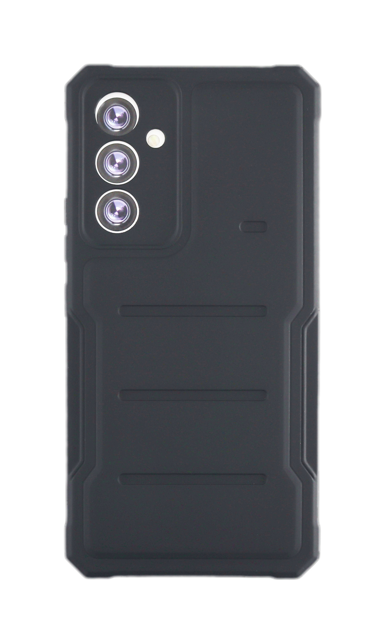 Schwarze Handyhülle mit Kameraausschnitt, gerilltem Design und glänzendem Finish.
