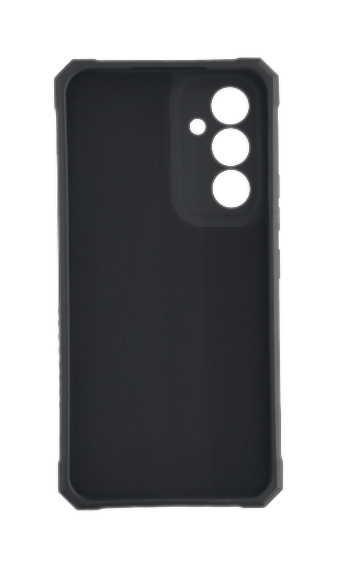 Eine schwarze Handyhülle mit robustem Design, mit Aussparungen für Kamera und Knöpfe.