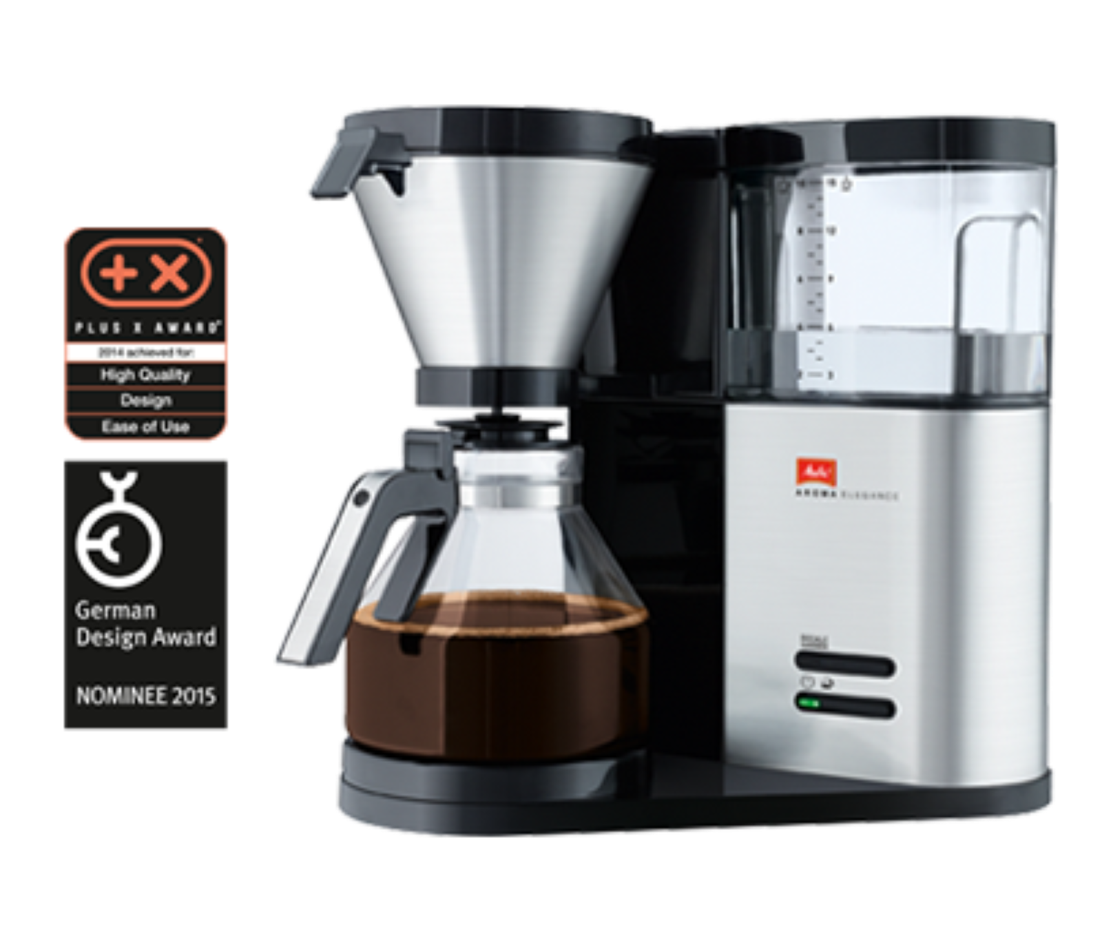Czarny i srebrny ekspres do kawy. Ma szklaną karafkę wypełnioną kawą. Pokazano nagrody i logo.