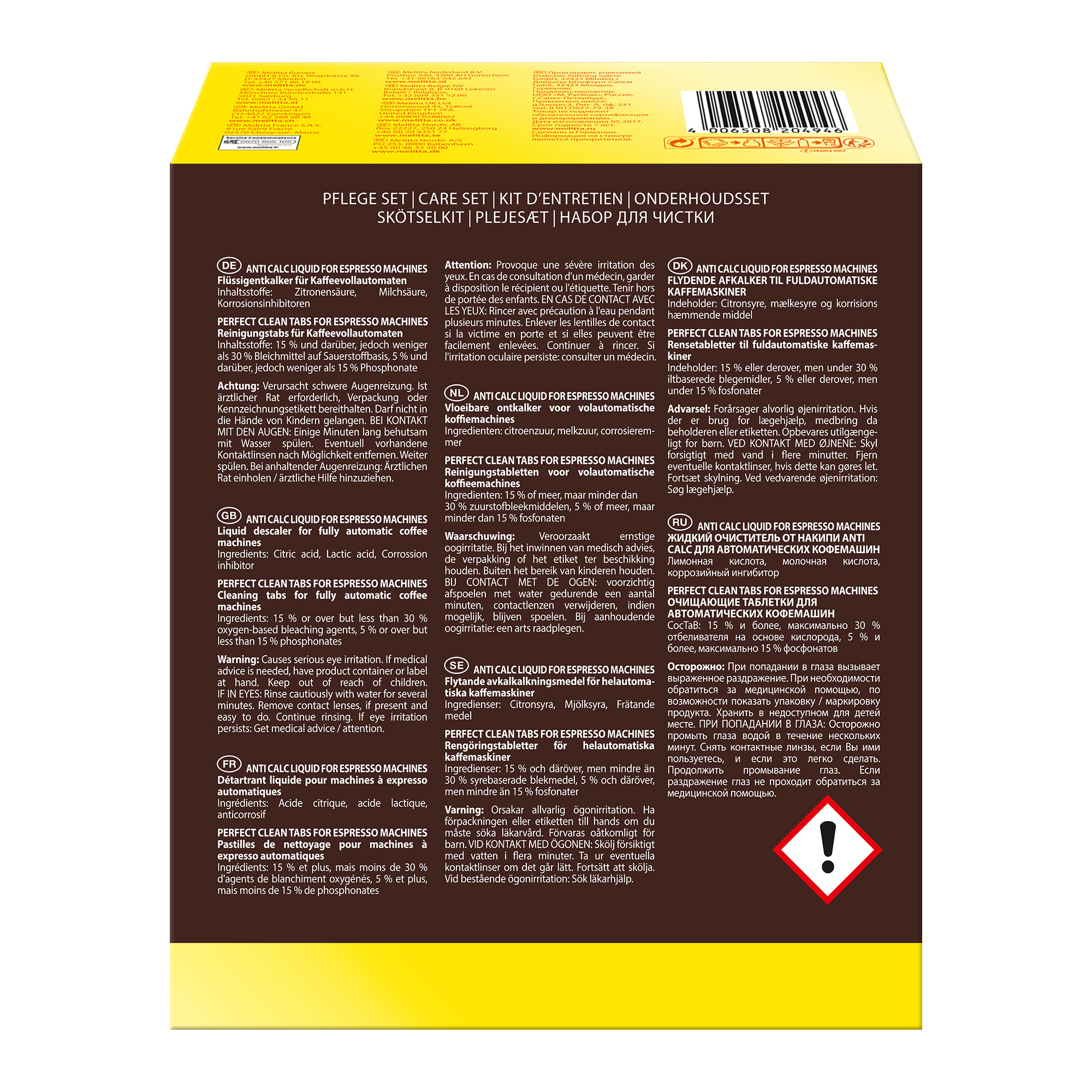 Ein mehrsprachiges Produktinformationsblatt mit Warnhinweisen, Anweisungen und Logos.