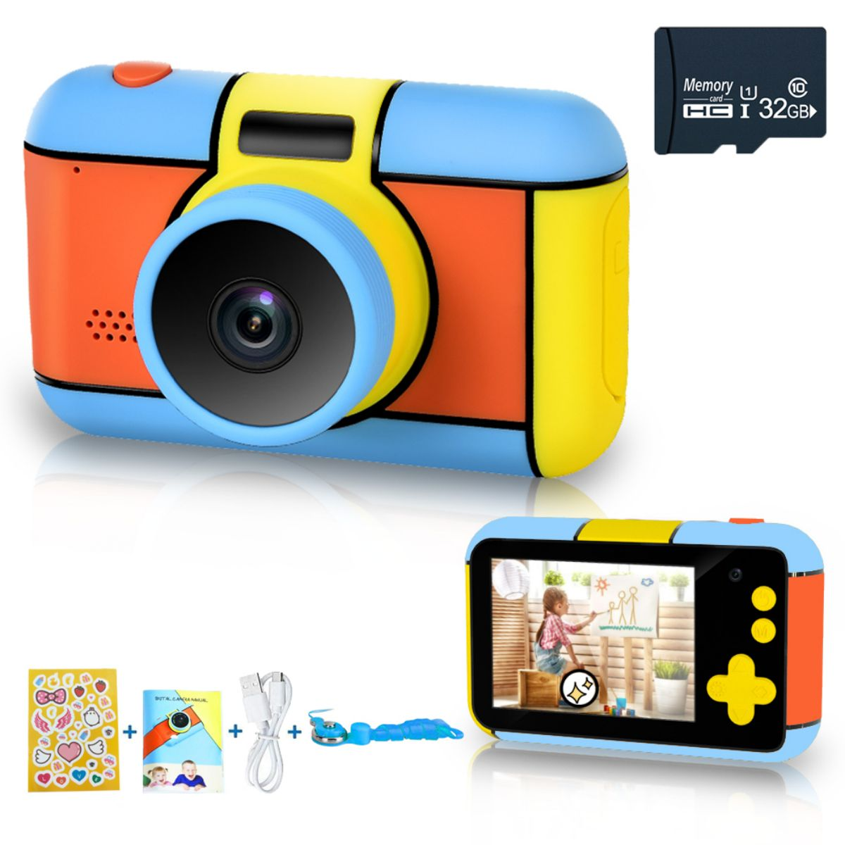 KINSI Kameras für Kinder,Mit und Speicherkarte, 32G HD Rückkamera 15.6 cm- azurblau, Zoll, 2,4 Kinderkamera Front