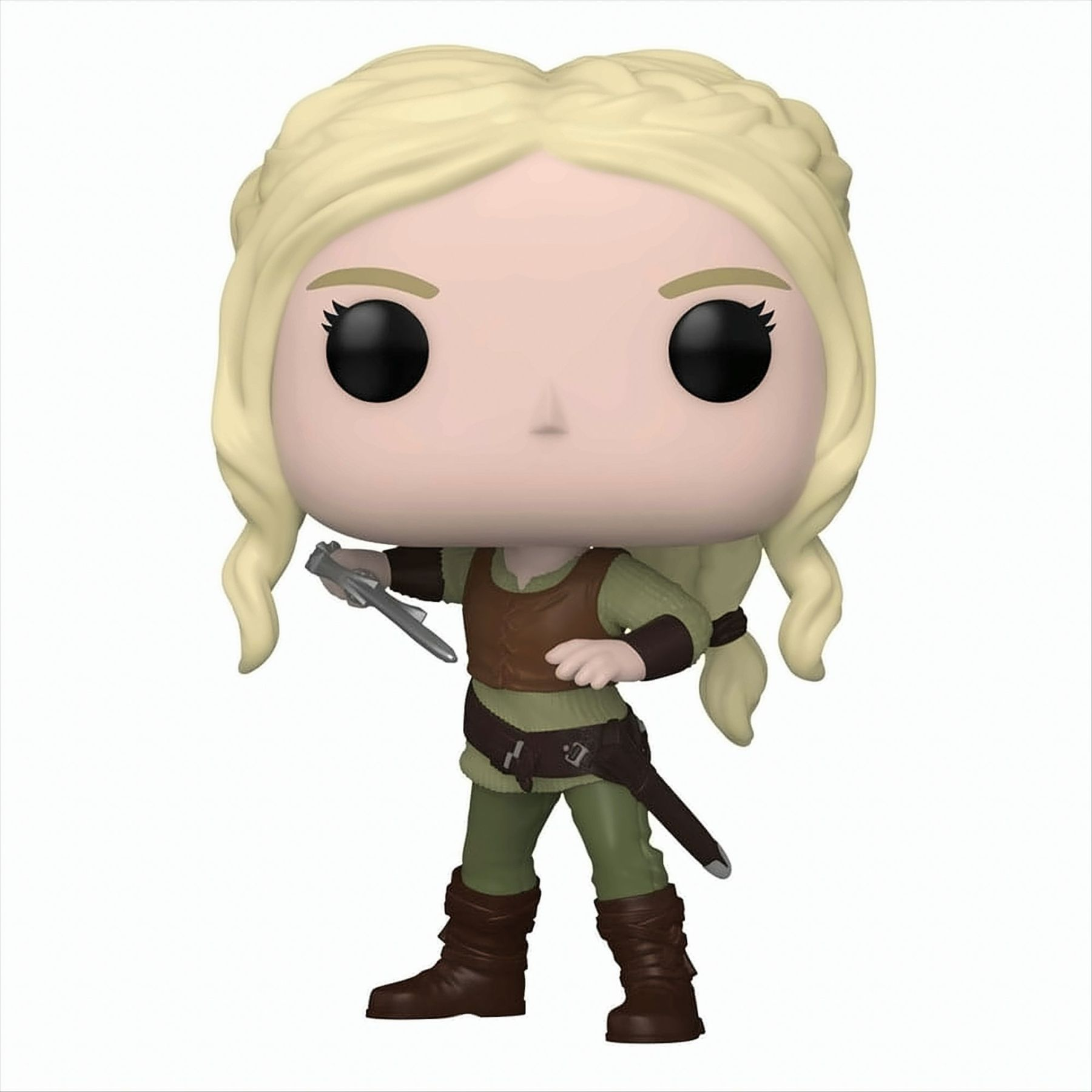 Figura Funko Pop di una donna con i capelli biondi, che tiene un coltello. Sfondo bianco.