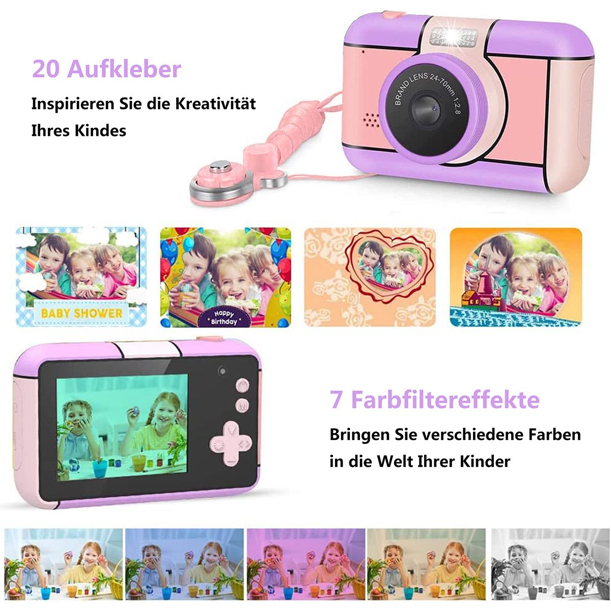 KINSI 32 Kameras 15.6 Kinder, lila, Spielzeug,2,4 cm- Megapixel, Kinderkamera Spielzeugkamera, für Kinderkamera Zoll,